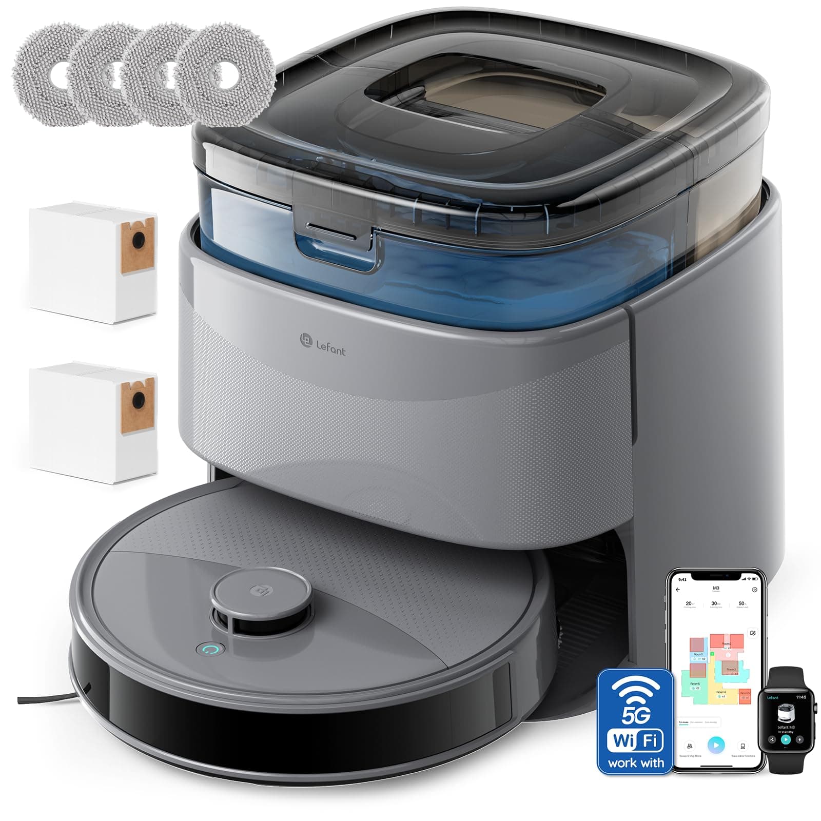Lefant M3 Robot Aspirapolvere Lavapavimenti con Mappatura, Aspirazione 12000Pa, Doppi Mop Rotanti, Laser dToF, Sensori PSD, Lavaggio Mop 45°C, Autosvuotamento 3,2L, WiFi, Alexa/App, Grigio