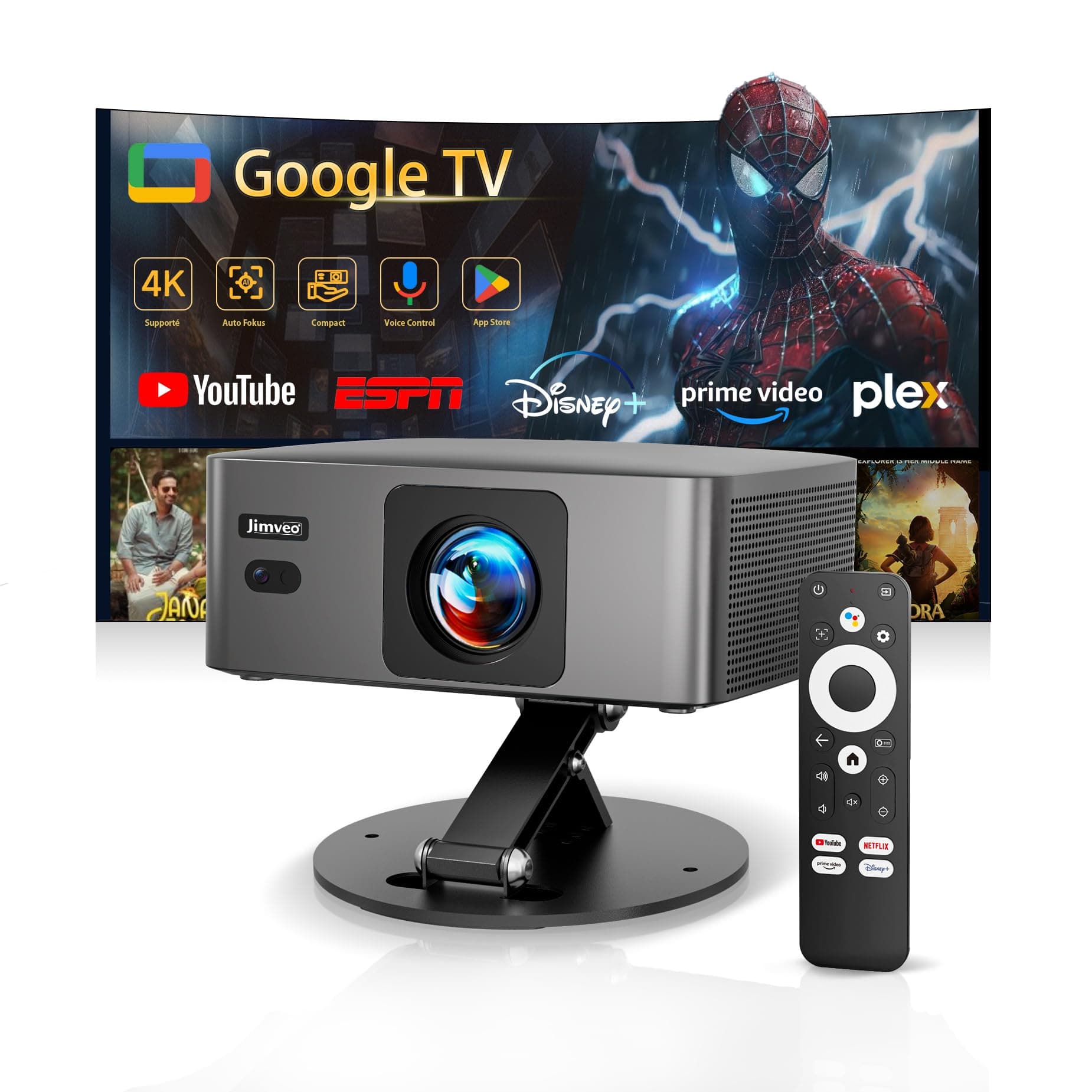 Videoprojecteur 4K【2026 Google TV/1er Mini Ultra Courte】 Retroprojecteur Apps Officiell, AutoFocus/Keystone 1080P,1600 ANSI Contrôle Vocal, WiFi6 Bluetooth5.4,Jimveo Projecteur Video Home Cinéma