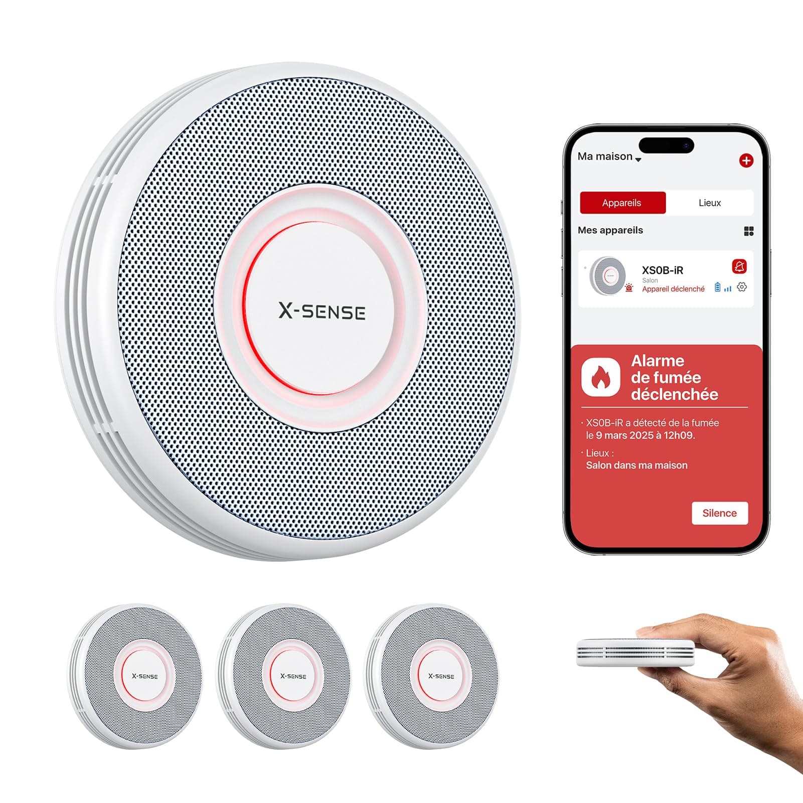 X-Sense Détecteur de Fumée Connecté Wi-FI, Alarme Incendie avec Alertes Vocales en Français, 17 Emplacements, Batterie Remplaçable, Épaisseur 33 mm, XS0B-iR, Lot de 3