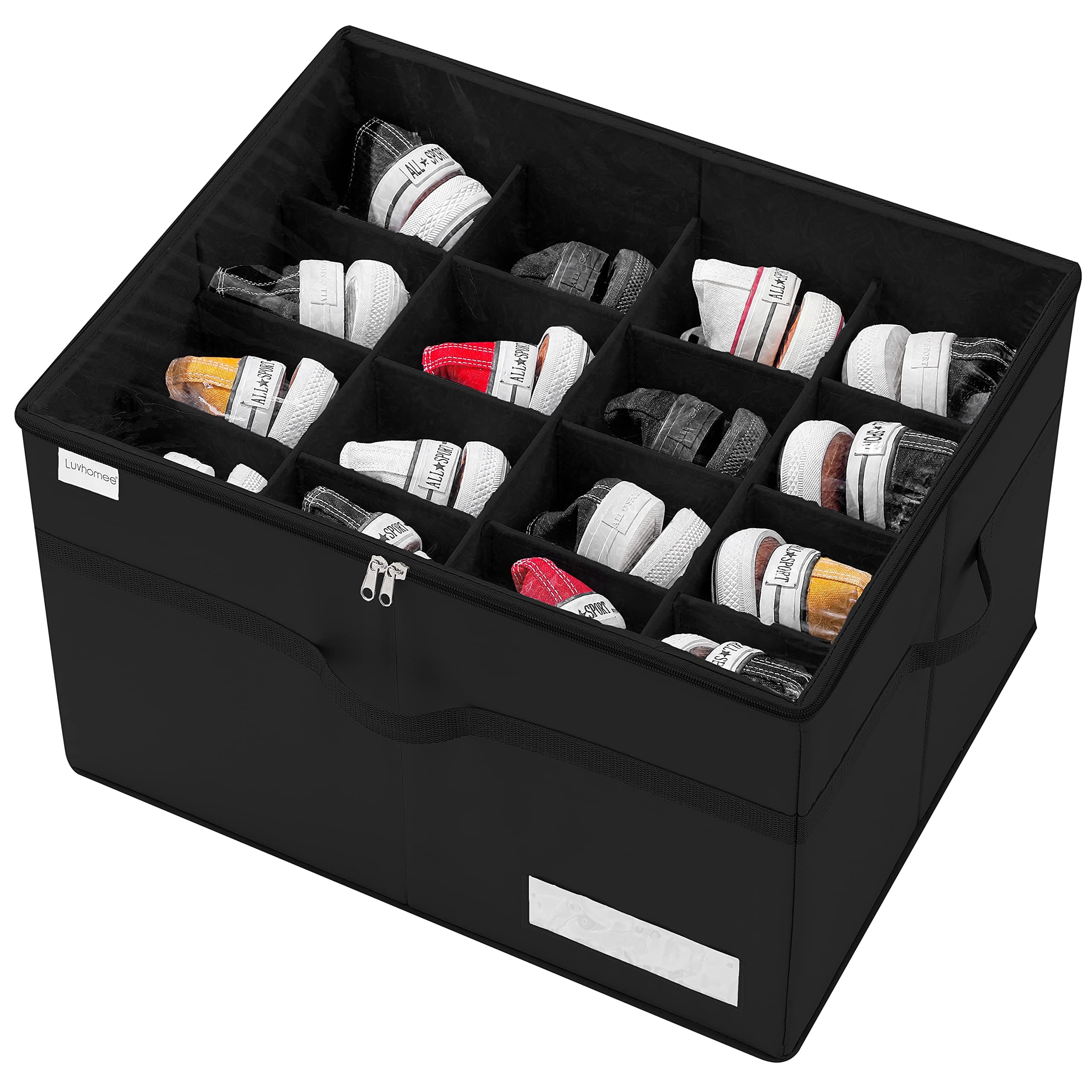 Organisateur de Chaussures pour le Placard, Convient à 16 Paires, Grandes Boîte Rangement Chaussures, Range Chaussure Transparente et Pliables, Boîtes à Chaussures avec Poignées Renforcées, Noir