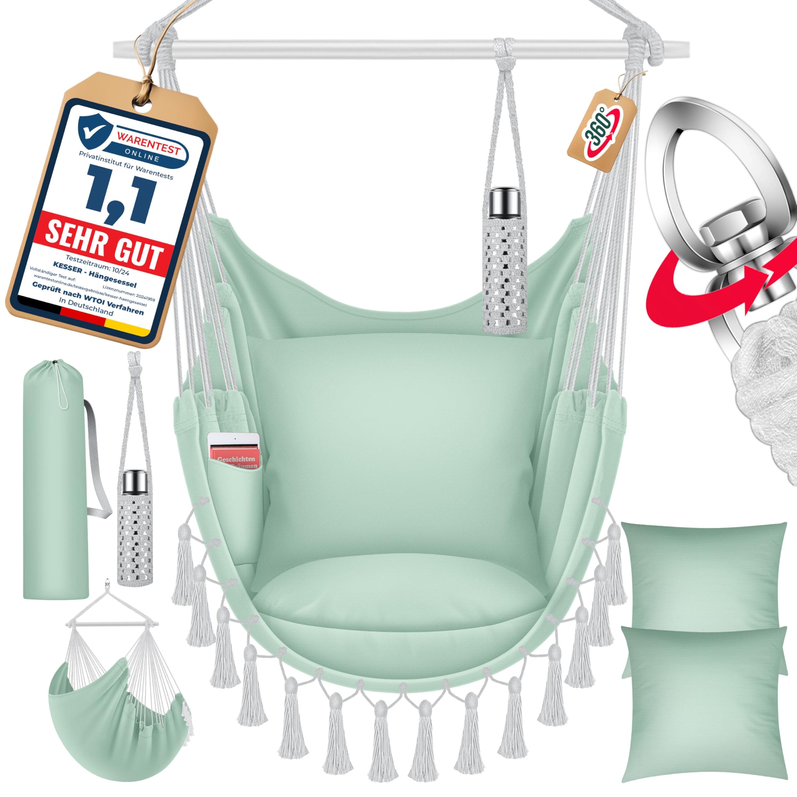 KESSER® Hängesessel Safari XXL Hängestuhl für Erwachsene & Kinder Hängematte bis 150 kg Hängesitz Aufhängung Indoor-Outdoor-Wohnen Inkl. Tragetasche, 2 Kissen, Getränkehalter & Bücherfach, Hellgrün