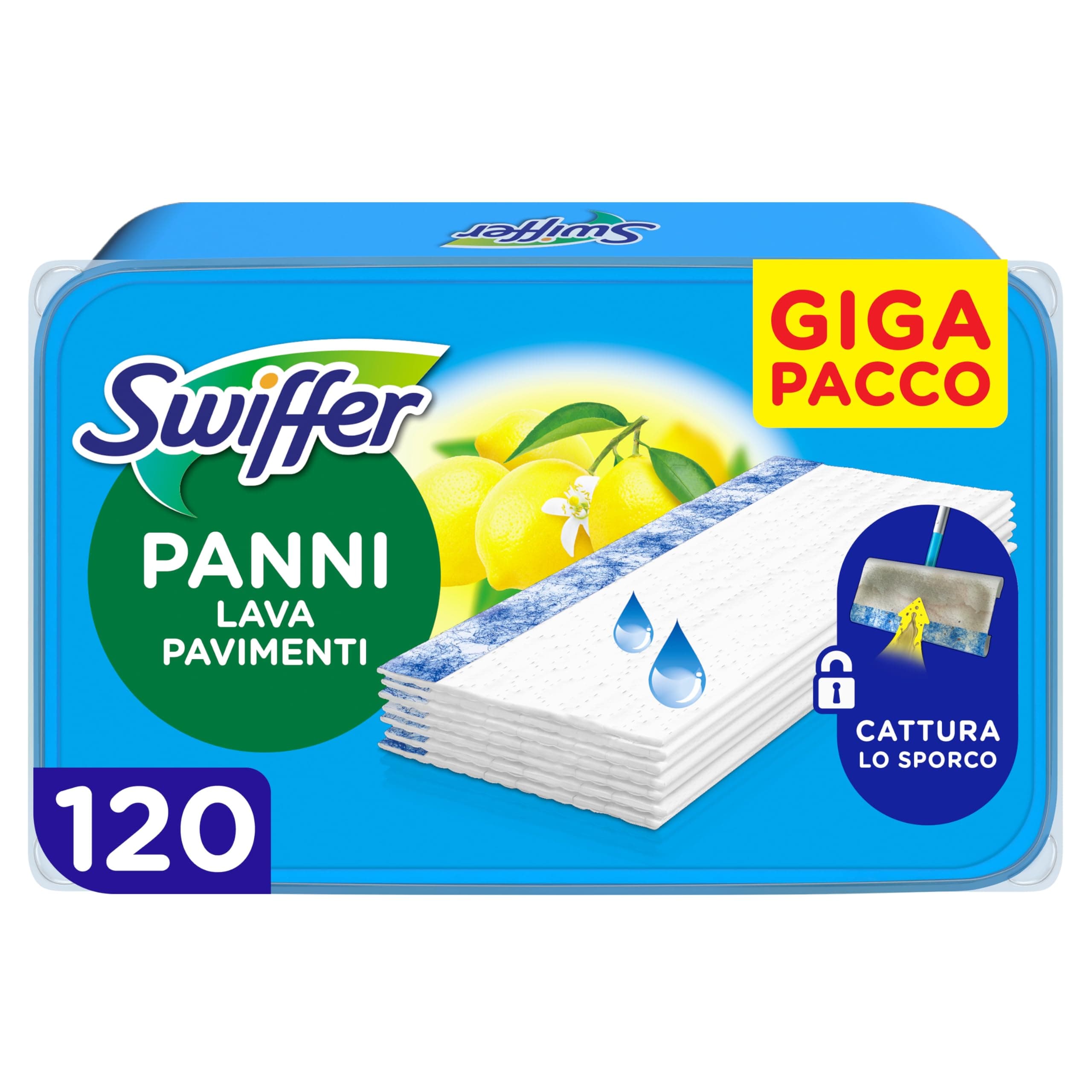 Swiffer Wet Lavapavimenti, 120 Panni Umidi, Limone, Maxi Formato, Lava Pavimenti, Pulizia Igienica Profonda, Rimuove Sporco e Batteri, per Tutti I Tipi di Pavimenti