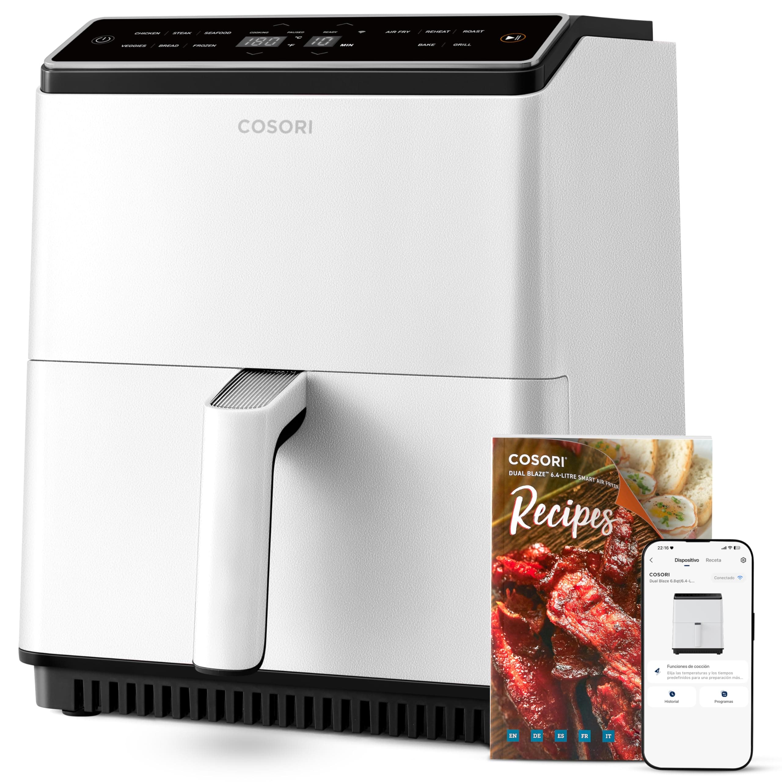 Cosori Dual Blaze Air Fryer WiFi 6,4L, Freidora de Aire sin Aceite 11 en 1, Temperatura y Tiempo Ajustables, 90+ Recetas en la App Creadas por Chef en Español, Apto para Lavavajillas, Blanca