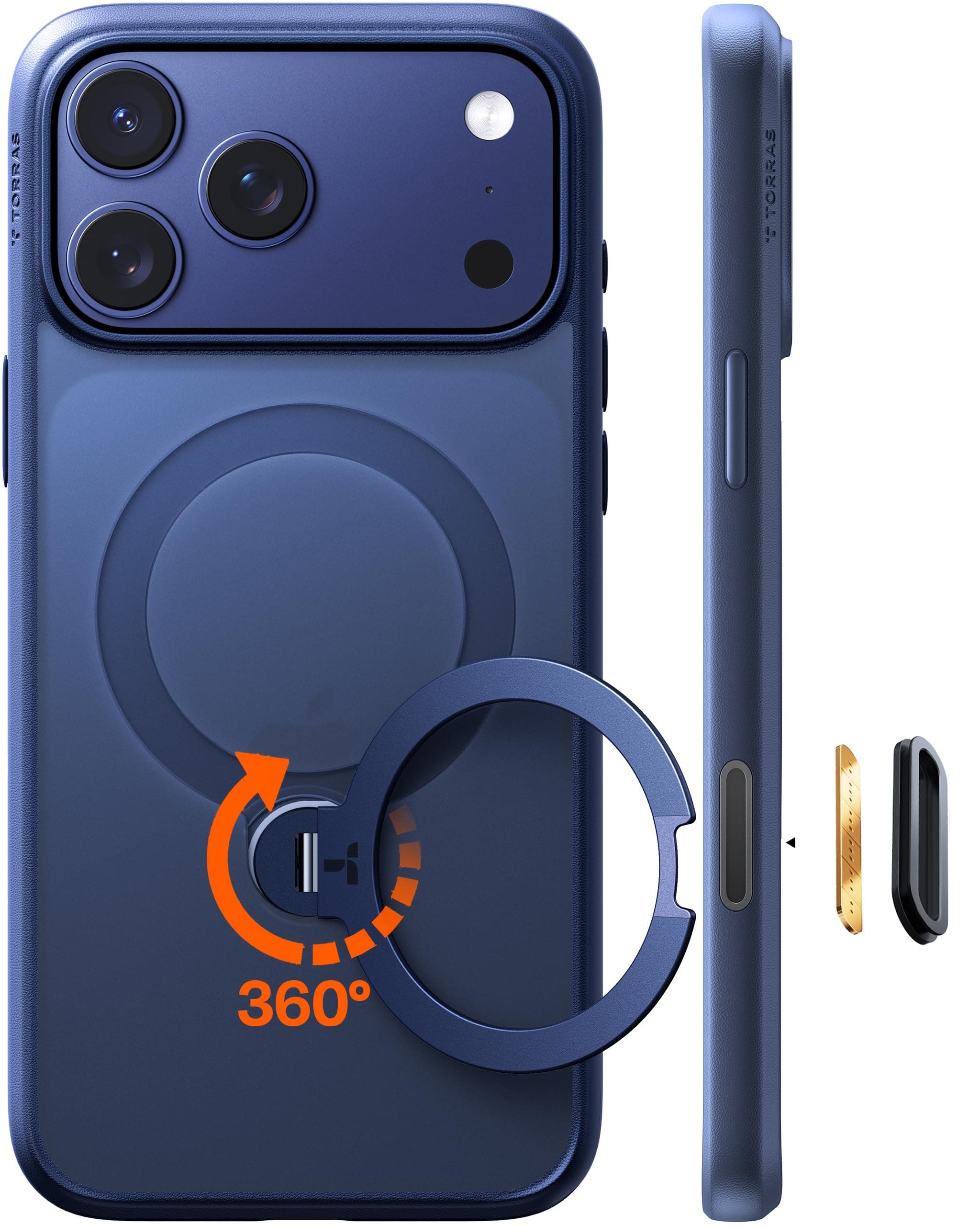 TORRAS Ostand Q3 Spin für iPhone 17 Pro Max Hülle (360°Stabilen Ständer für Magsafe) Militärschutz Handyhülle für iPhone 17 Pro Max Case mit Kamera-Tastenschutz Kratzfeste Matt Rückseite Blau