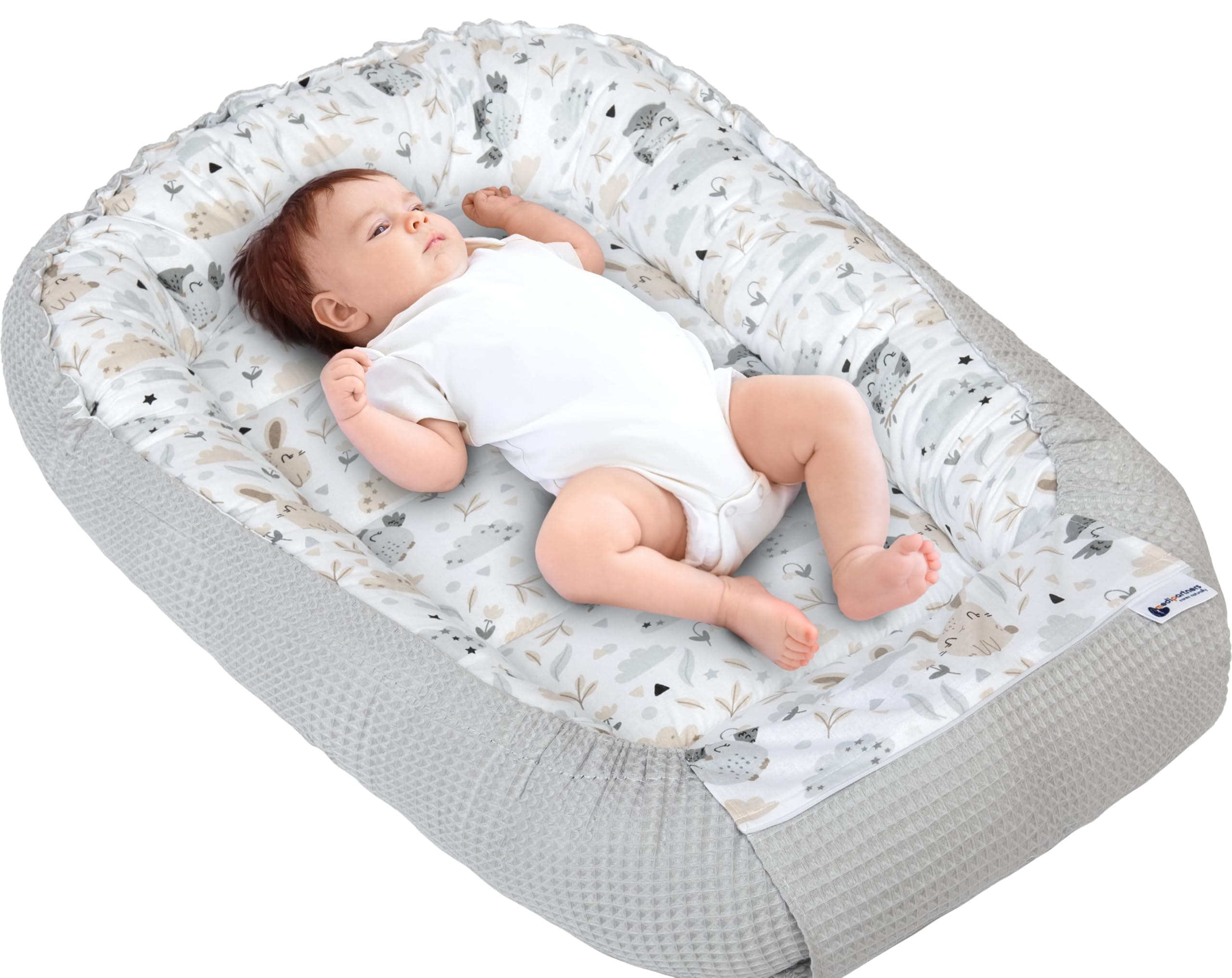 Medi Partners Babynest Nestchen für Neugeborene - 100x60x15 Babynestchen Baby zweiseitg Nest Bett 100% Baumwolle Waffel Kuschelnest tragbar (Lichtung mit Grauer Waffel)