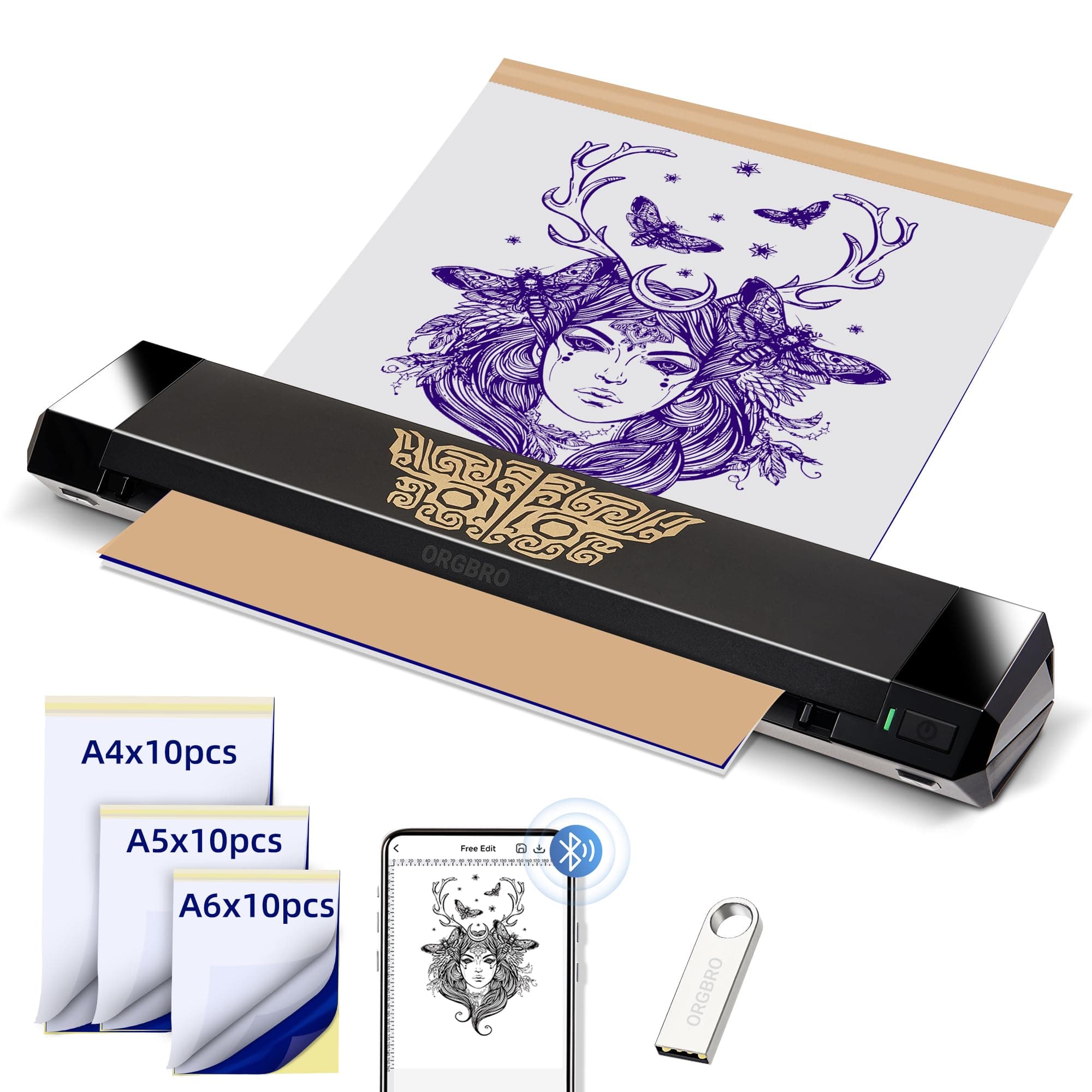 ORGBRO X8 Termocopiadora Tattoo, Impresora Térmica Tattoo Bluetooth con 30 Hojas de Papel de Transferencia, Maquina de Tatuar para Principiantes y Artistas del Tatuaje, Compatible con TeléFonos/Pc