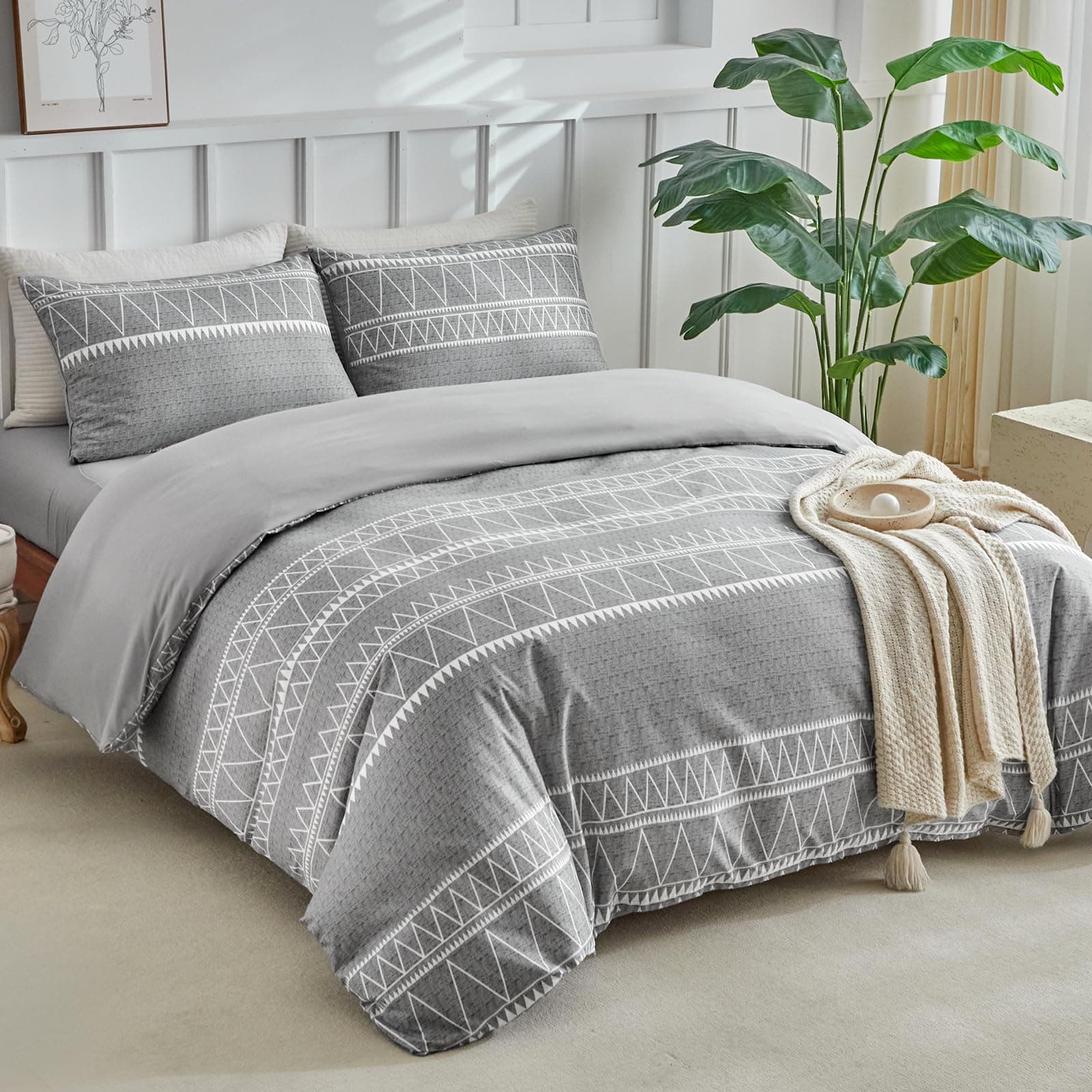 Tokokimo Funda Nórdica Cama 135/150 de 4 Piezas, Funda Nordica 220x240 con 2 Fundas de Almohada 50x75 y Bajera Ajustable 150x200+35, Bohemio Patrón Microfibra, Gris