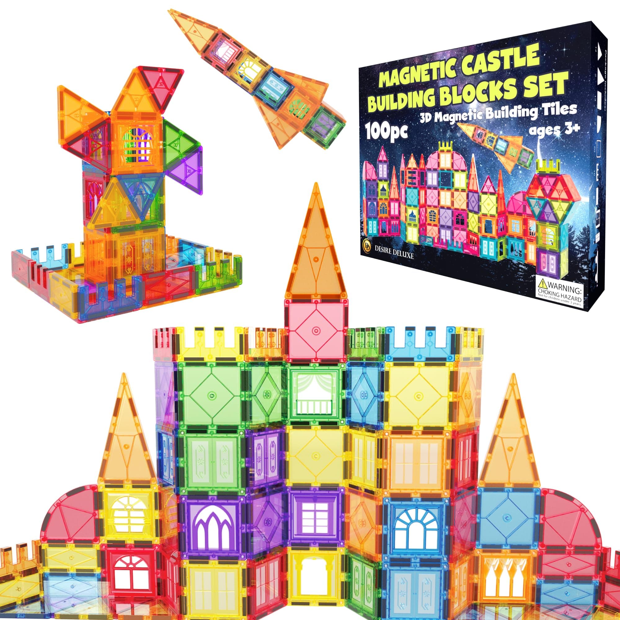 Desire Deluxe Giochi di costruzione magnetici – 100 PCS Piastrelle e Blocchi Magnetici Bambini, Giocattolo Educativo STEM 3+ anni, Set Creativi per Costruire, Apprendimento Forme & Colori