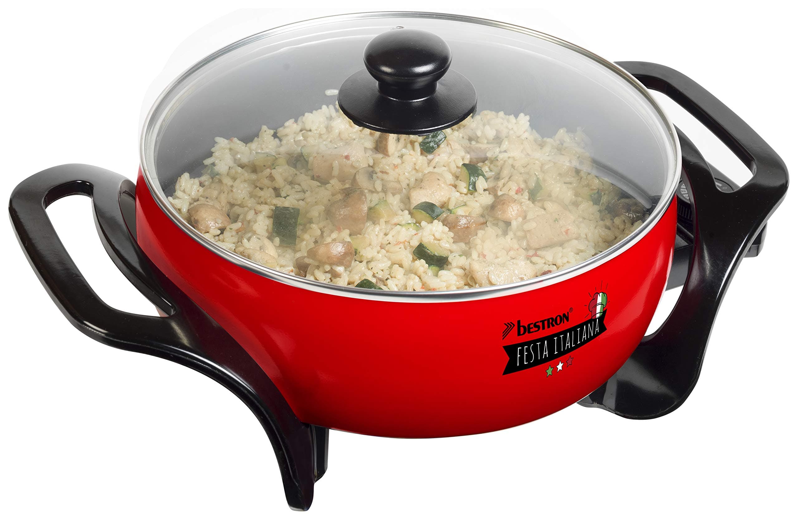 Bestron Partypfanne, XL-Multifunktionspfanne mit Glasdeckel im italienischen Design, Antihaftbeschichtet, 1.500 W, Rot/Schwarz