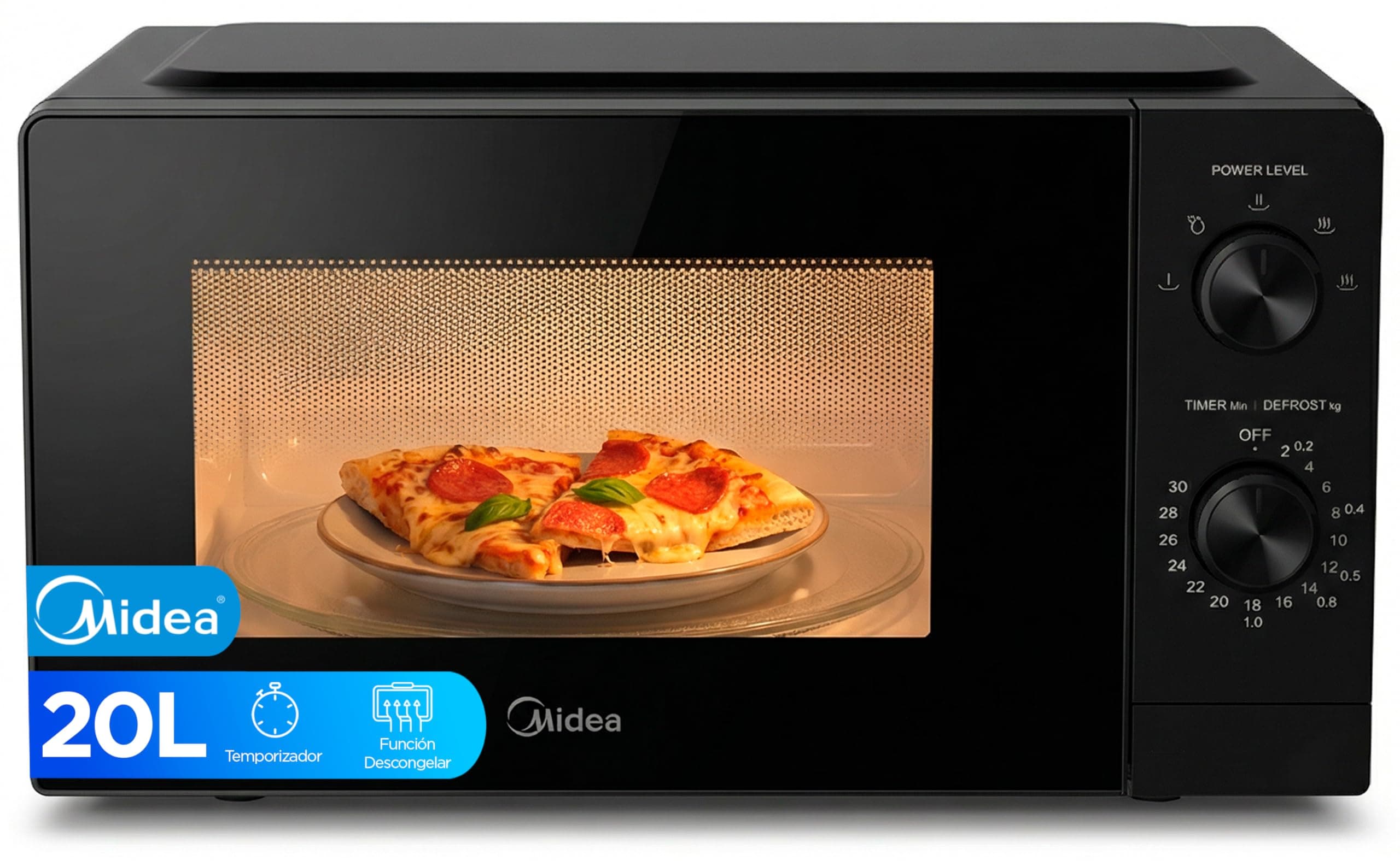 Midea Microondas 20 litros y 700 W de potencia | Microwave | Horno Microondas Negro de Sobremesa con Plato Giratorio, Función Descongelación, 5 Niveles de Potencia, Temporizador | Microondas sin grill
