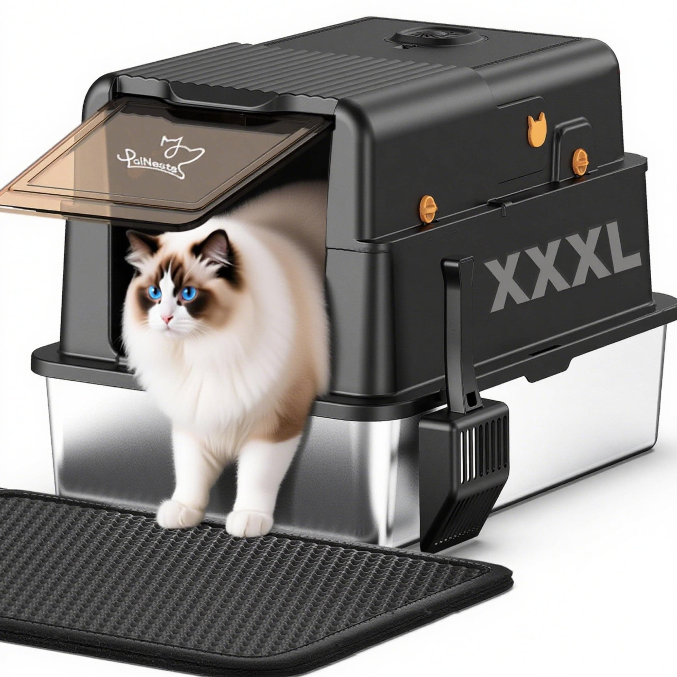 Bac à Litière en Acier Inoxydable, PalNests 120L XXL Litter pour Chat avec Couvercle à 105° et Pelle, Litière en Métal Amovible avec Charbon Actif, 3 en 1 Litiere à Bords Hauts avec Désodorisant