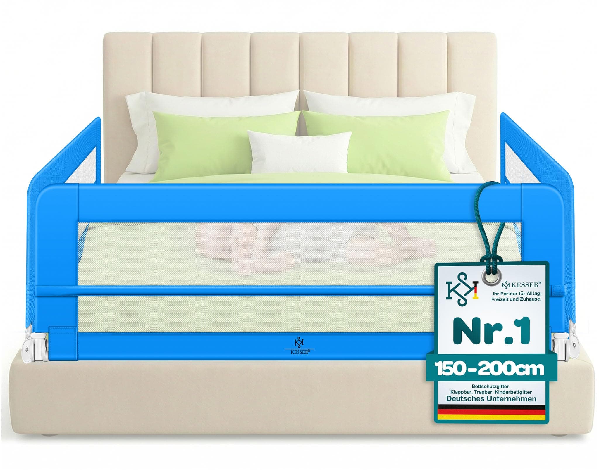KESSER® Bettgitter 200 cm Bettschutzgitter Kinderbettgitter für Kinder Babybettgitter Klappbar, Tragbar, Kinderbett Kinderbettschutzgitter Rausfallschutz, Bett & Elternbett hoch: 42 cm, Blau
