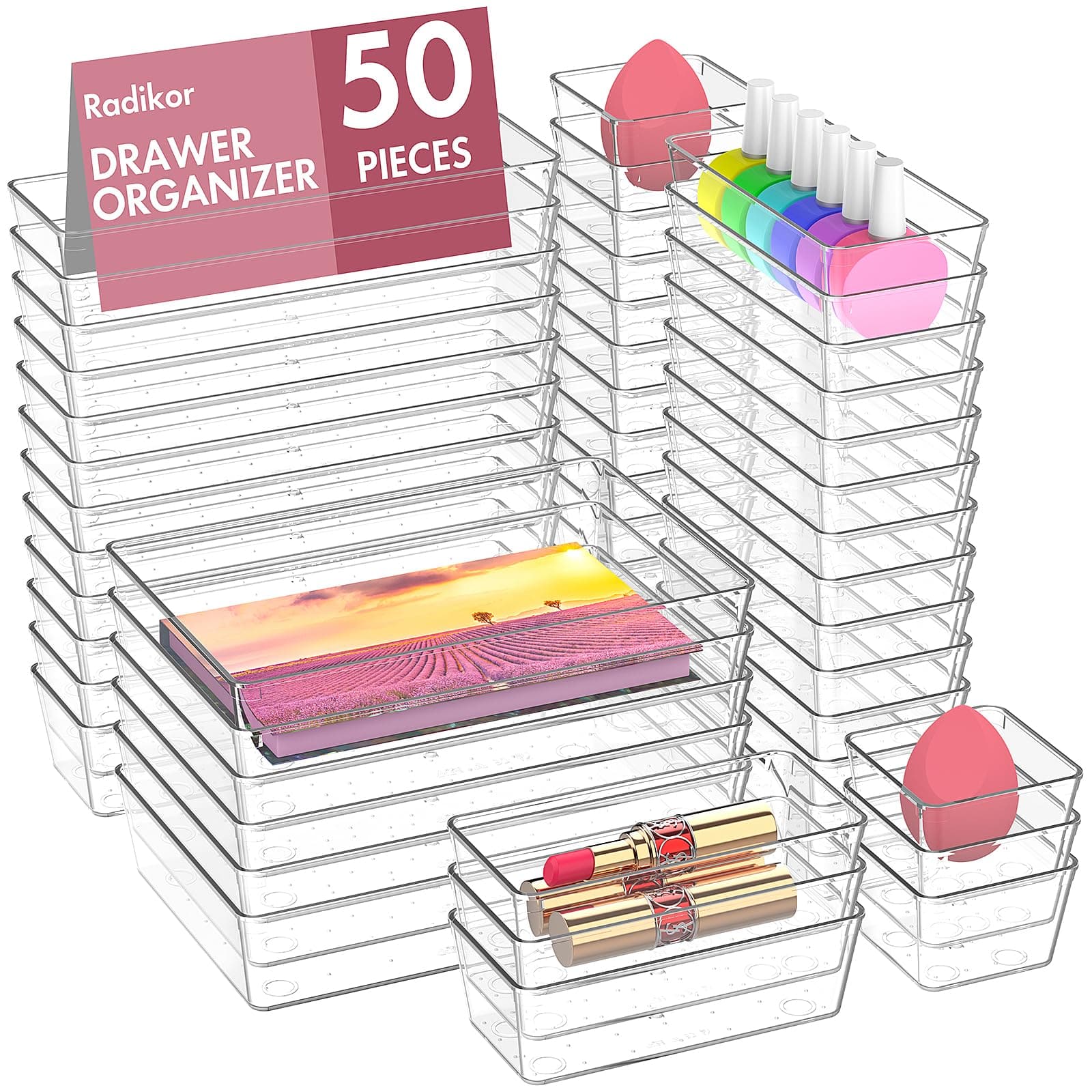 Radikor 50 Piezas Organizadores de Cajones de Plástico Transparente, Separadores de Cajones de Escritorio de 4 Tamaños, Bandejas de Almacenaje para Maquillaje, Baño, Oficina, Cocina