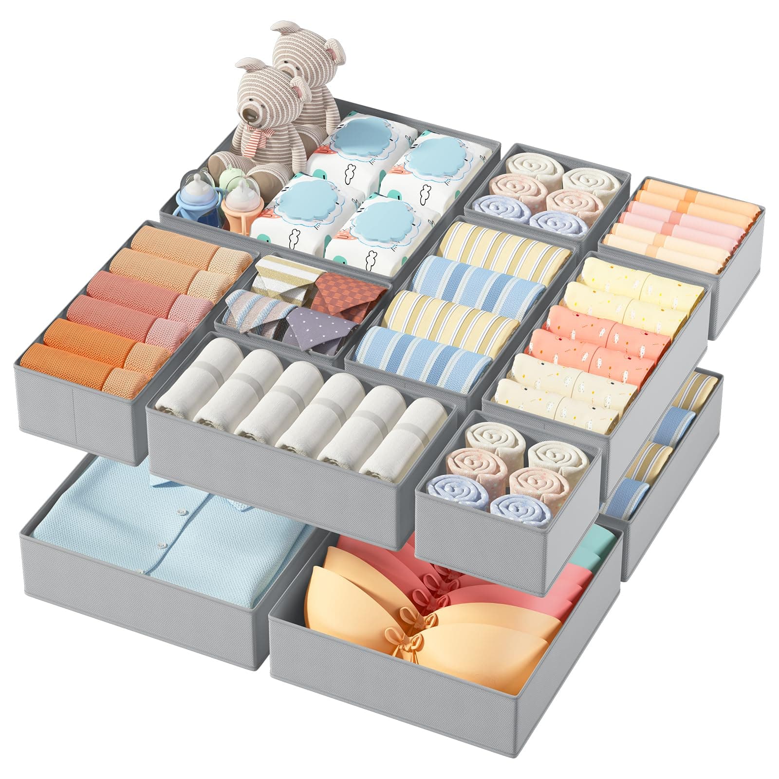 DIMJ Organizer Cassetti, 12 Pcs Non Tessuto Cassetto Organizer, Divisori per Cassetti, Scatola di Immagazzinaggio Pieghevole, Grigio Classico
