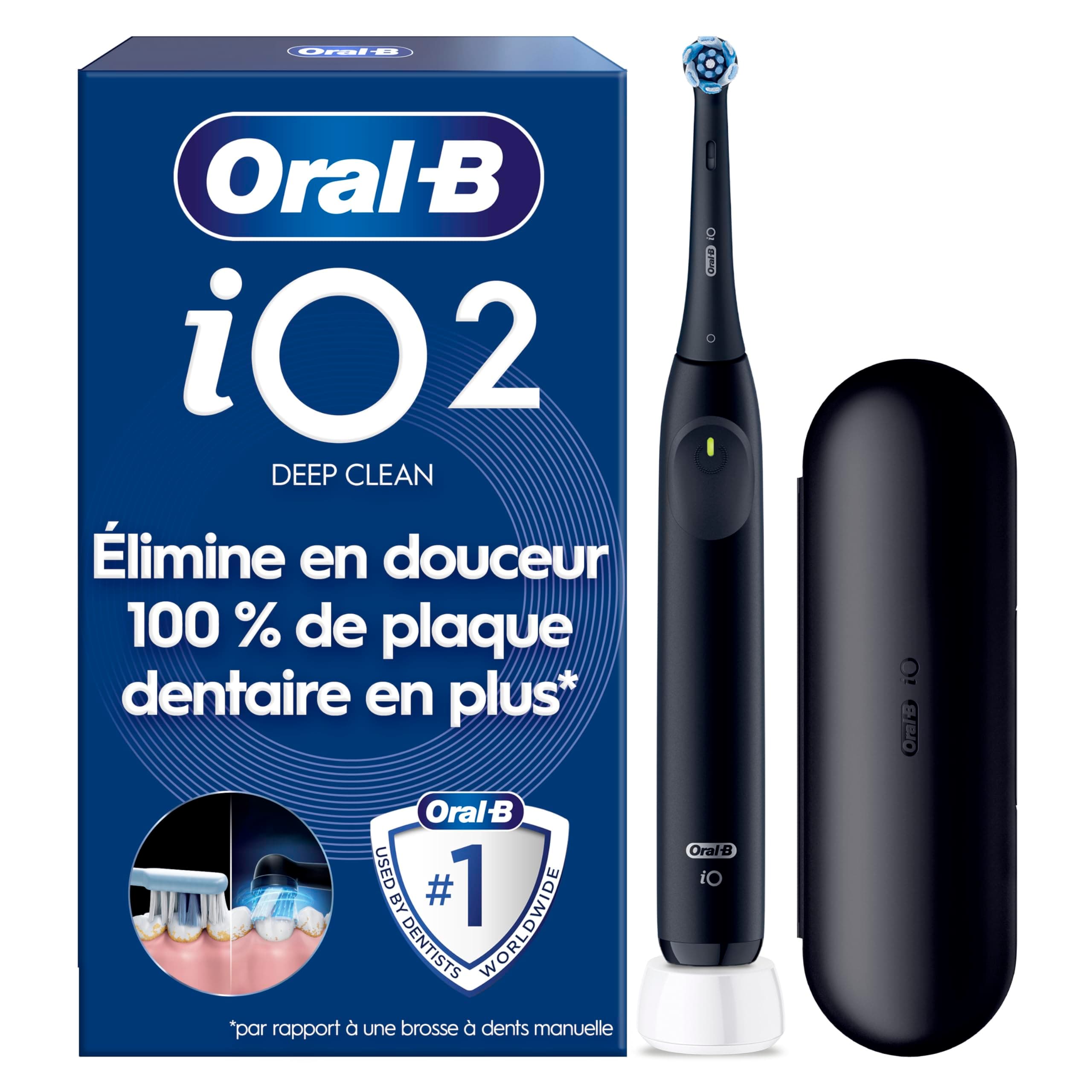 Oral-B Brosse A Dents Electrique iO 2 Noire, 3 Modes De Brossage Silencieux Dont Douceur, Capteur De Pression, Brossette Oral B De Rechange, Etui De Voyage