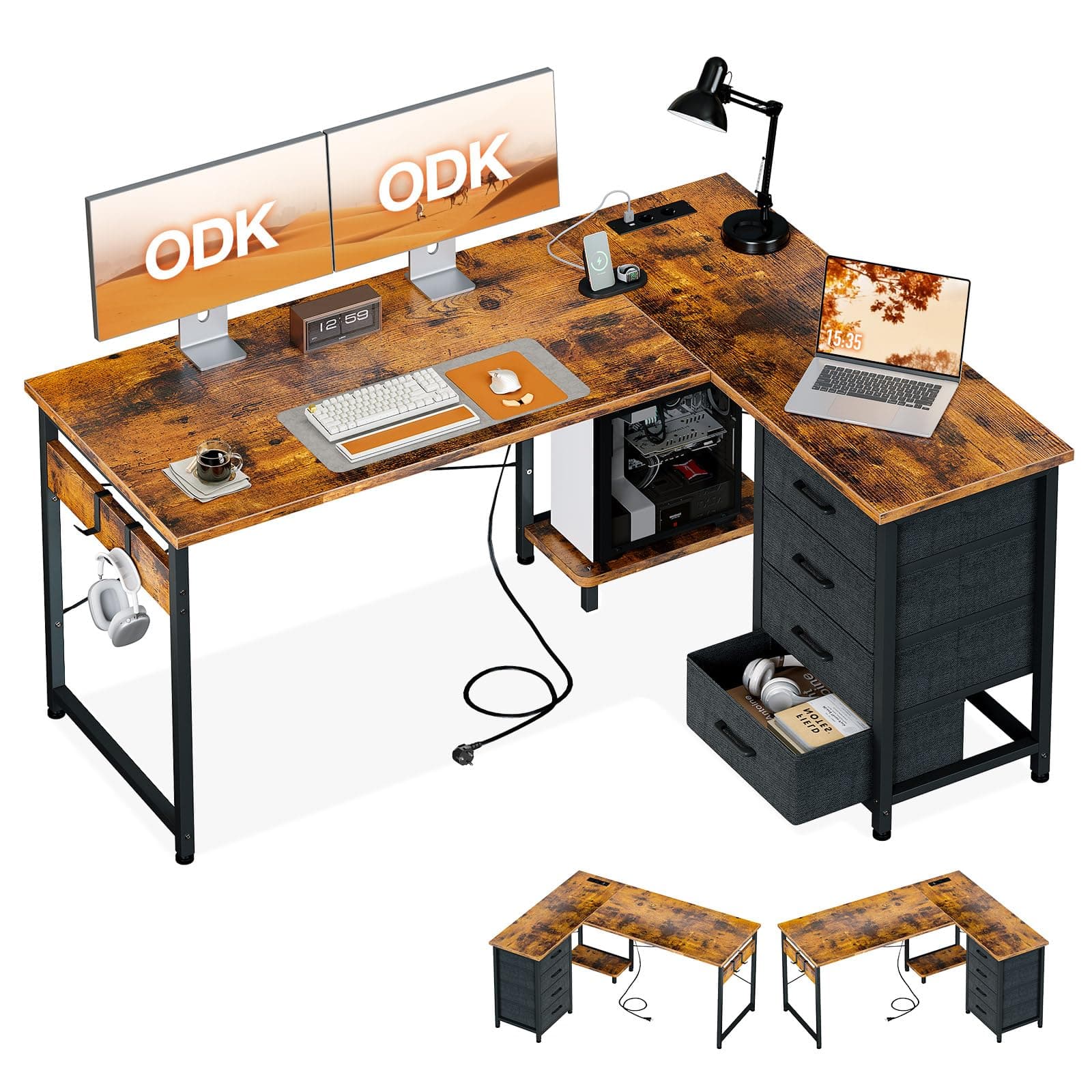 ODK Escritorio Esquinero con Cajones, 135×100 cm Escritorio en L con Enchufes y Puerto de Carga USB, Escritorio Esquina Reversible con Almacenamiento para Oficina en Casa, Madera Vintage
