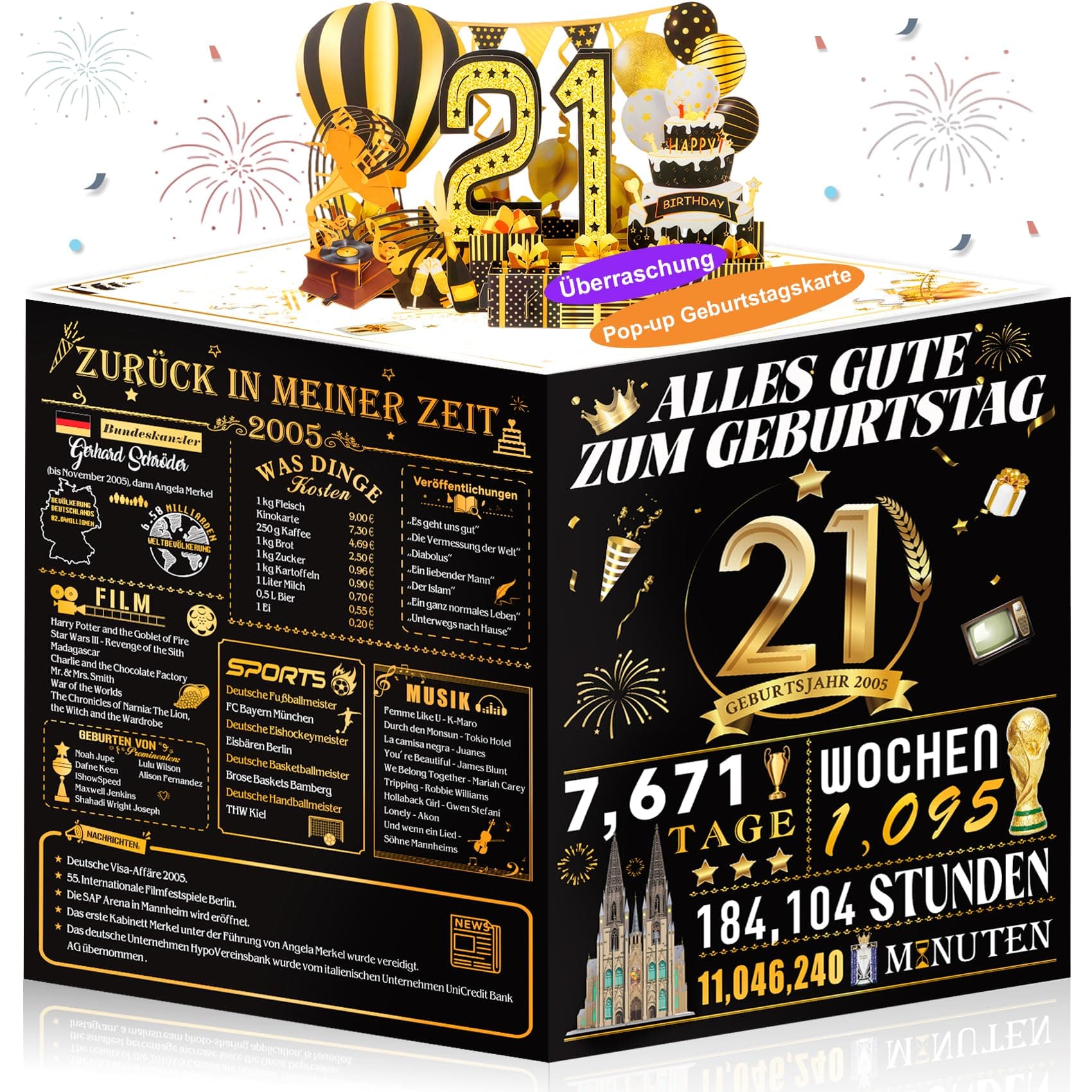 OLOSONG Geburtstagskarte 21 Geburtstag - 3D Pop Up Karte Geschenke 21 Jahre Mädchen Junge, Lustige Goldene Deko 21. Geburtstag Für Freund Tochter Sohn Schwester Sie Ihn, Back in 2005 Mit Umschlag