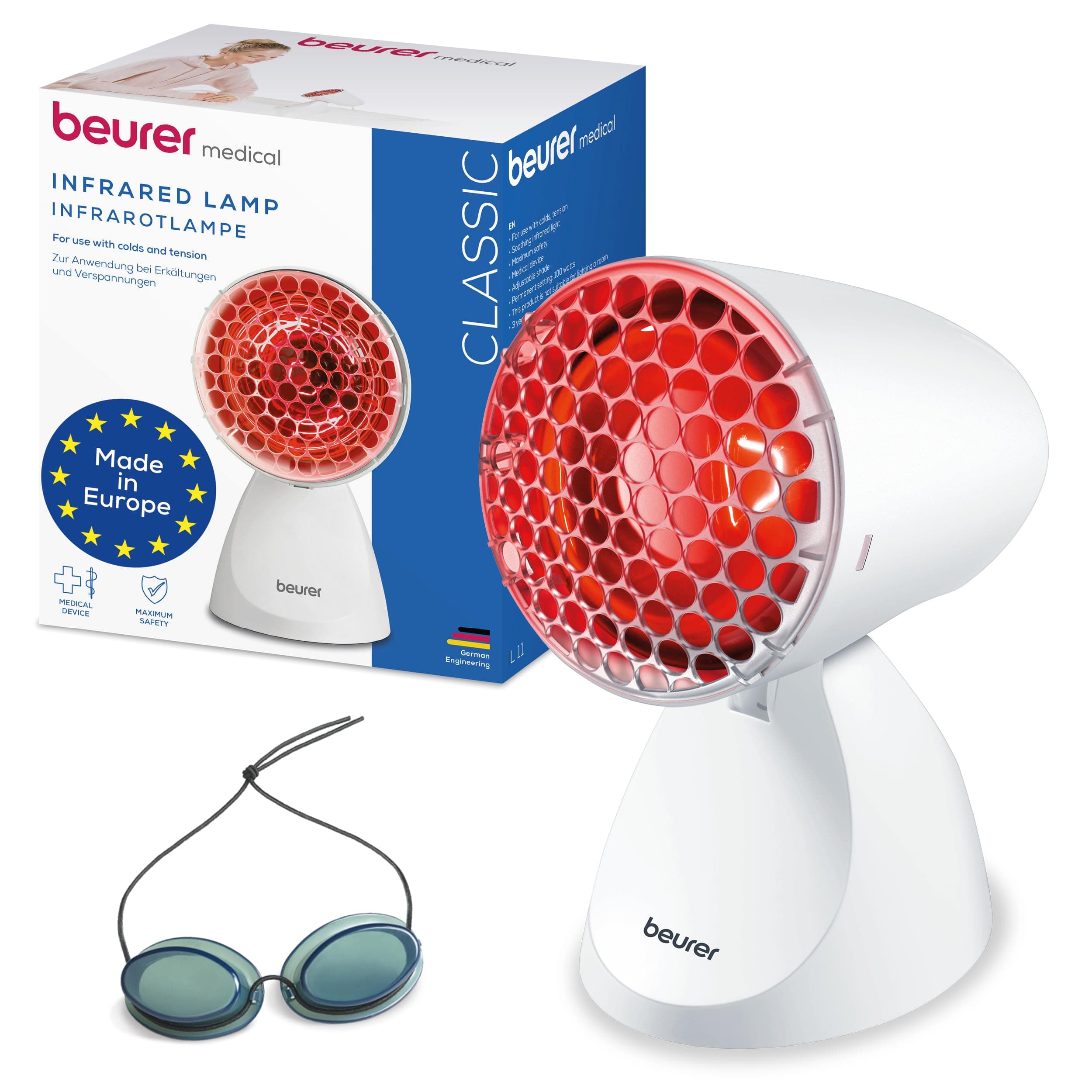 Beurer IL 11 Infrarotlampe mit Schutzgitter, Medizinprodukt mit wohltuender Wärme zur Anwendung bei Erkältung und Muskelverspannung, 5 Neigungsstufen, inklusive Schutzbrille, Weiß
