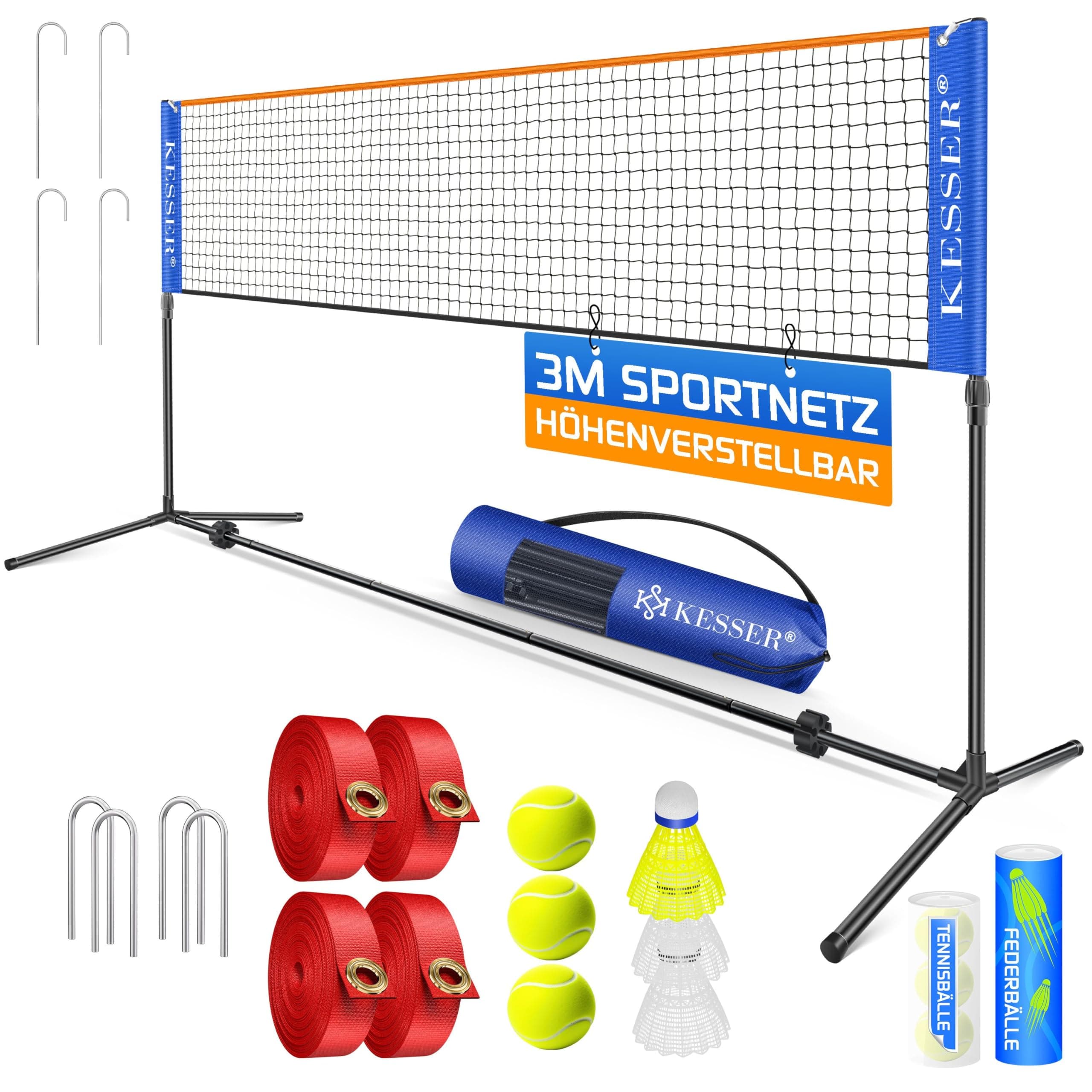 KESSER® Badmintonnetz Tennisnetz | Federballnetz 3-Fach-Höhenverstellbar 107/120/155cm, Set bestehend aus Netz, 3X Federball & 3X Tennisball, Transporttasche, stabilem Eisen-Gestell, Indoor & Outdoor