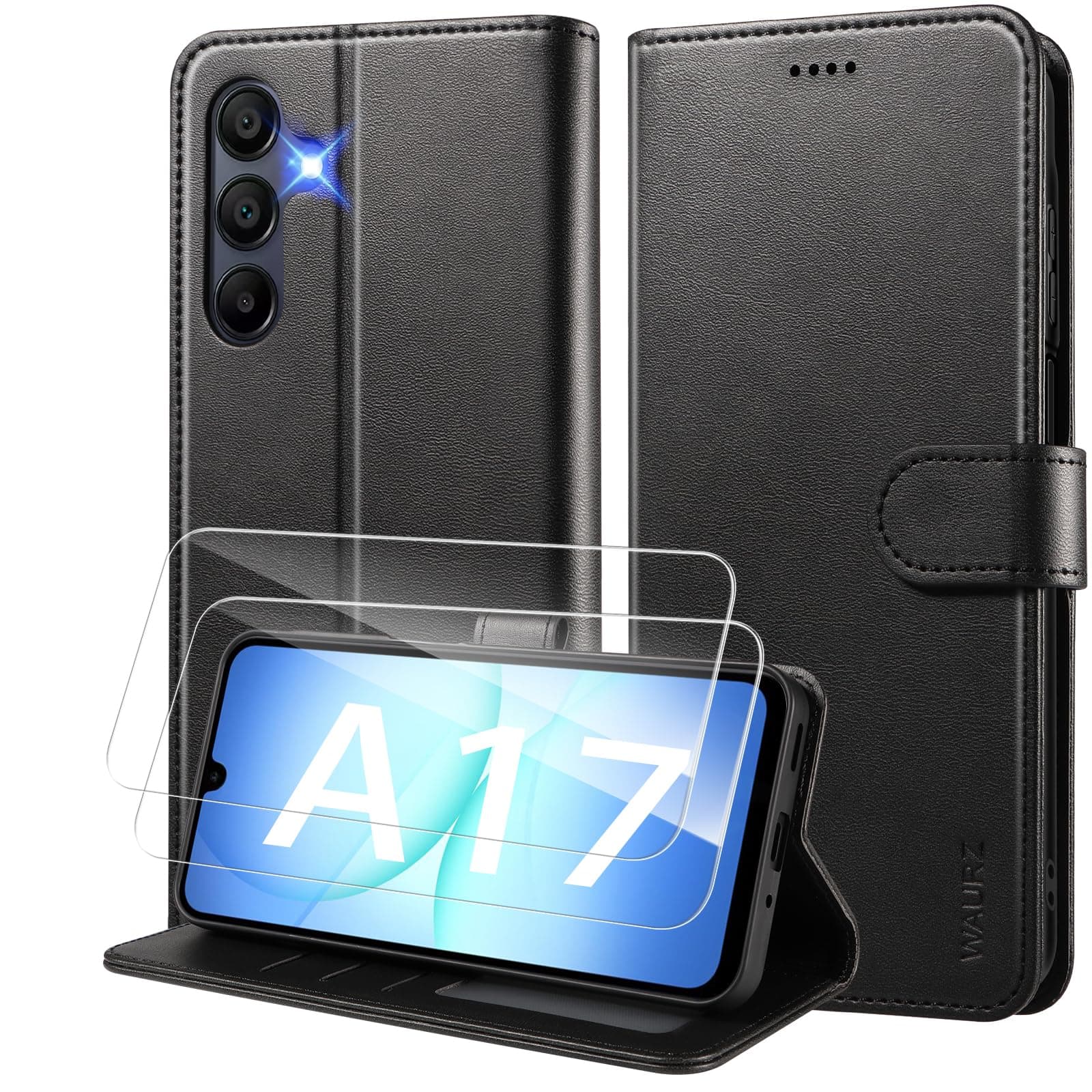 WAURZ Cover per Samsung Galaxy A17 4G/5G Custodia Cover Pelle Libro con 2 Pellicola Vetro Temperato Protezione Schermo Portafoglio Porta Carte Flip Case Antiurto Cuoio Custodia,Nero