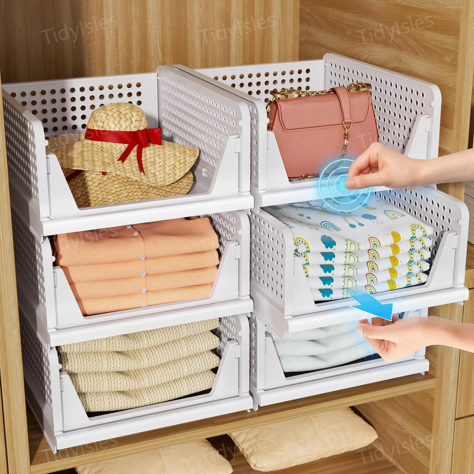 TidyIsles Wardrobe Storage Organiser - 4 Pack Folding Closet Organisers, Stackable Storage Boxes, Plastic Drawer Organiser Basket for Bedroom Kitchen Bathroom White