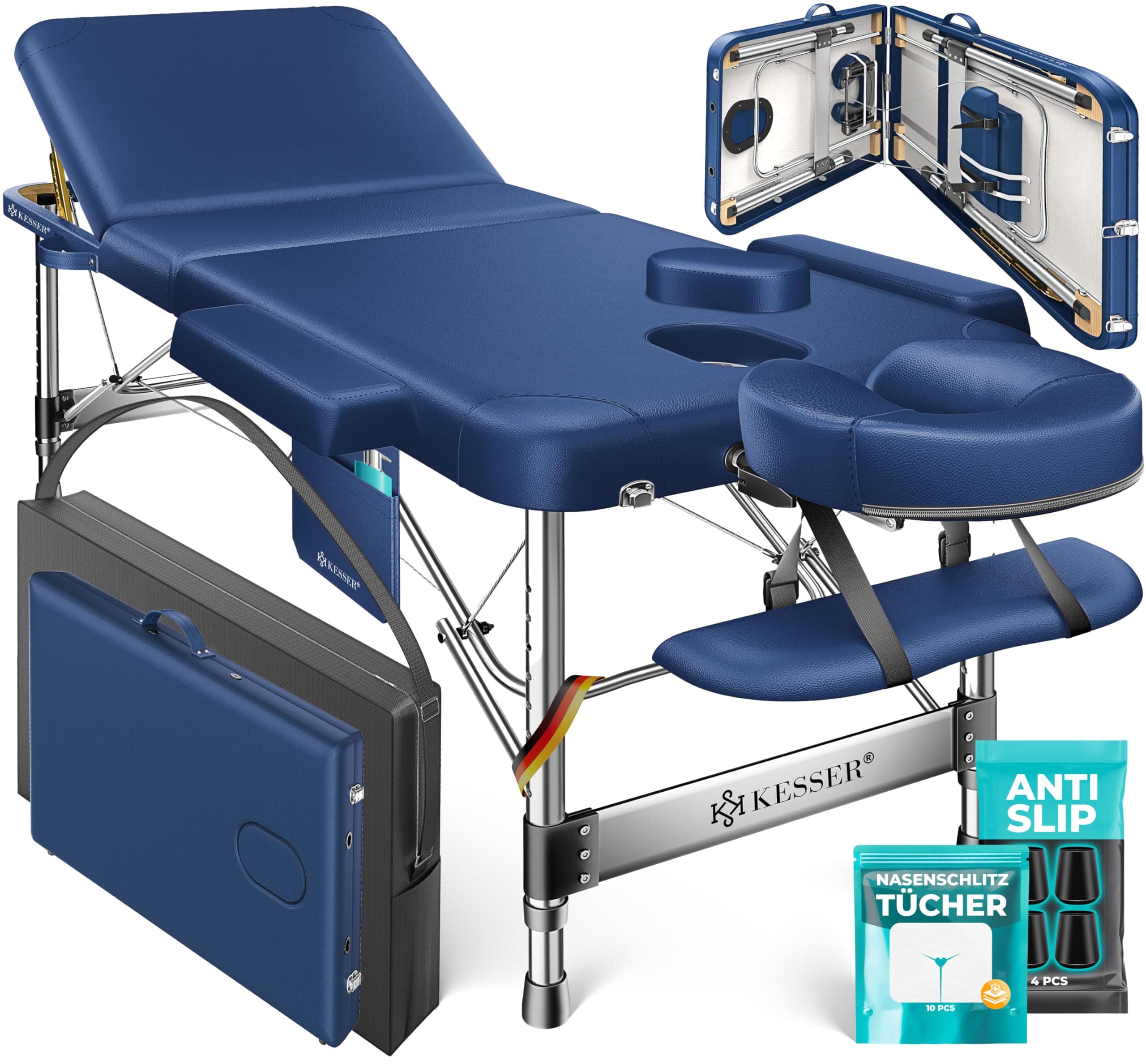 KESSER® Massageliege 3 Zonen bis 250kg, Massagetisch klappbar, verstellbar, tragbarer Koffer, Kosmetikliege, Therapieliege, Zubehör, Alu-Kopfstütze, Armlehne, Tragetasche, Anti Rutsch, 60cm, Navyblau