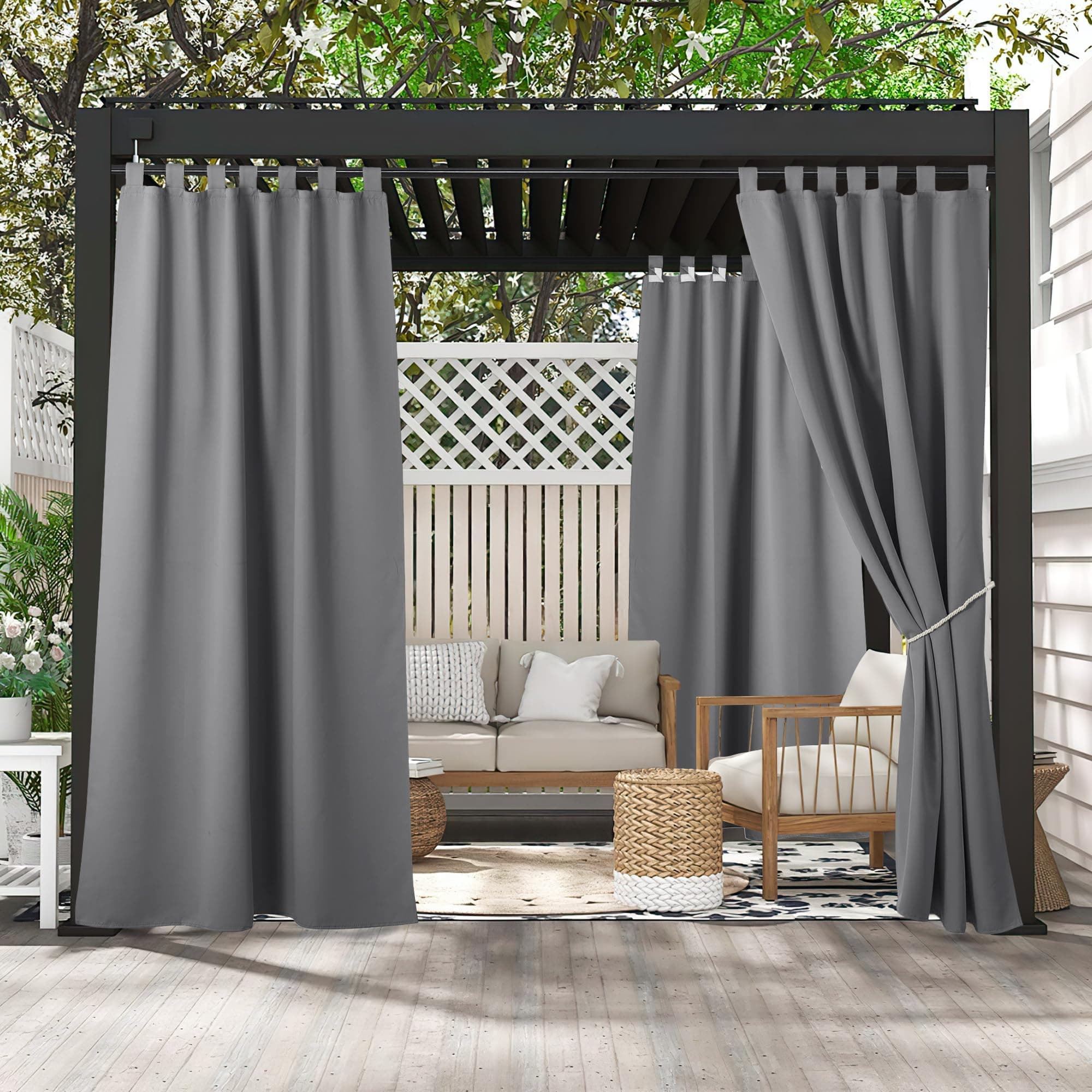 PONY DANCE Pavillon Vorhänge Schlaufenschal 2er Set Outdoorvorhänge mit Klettverschluss Outdoor Gardinen Wasserdicht Balkon/Terrasse Vorhang Sichtschutz, H 243 x B 132 cm, Grau
