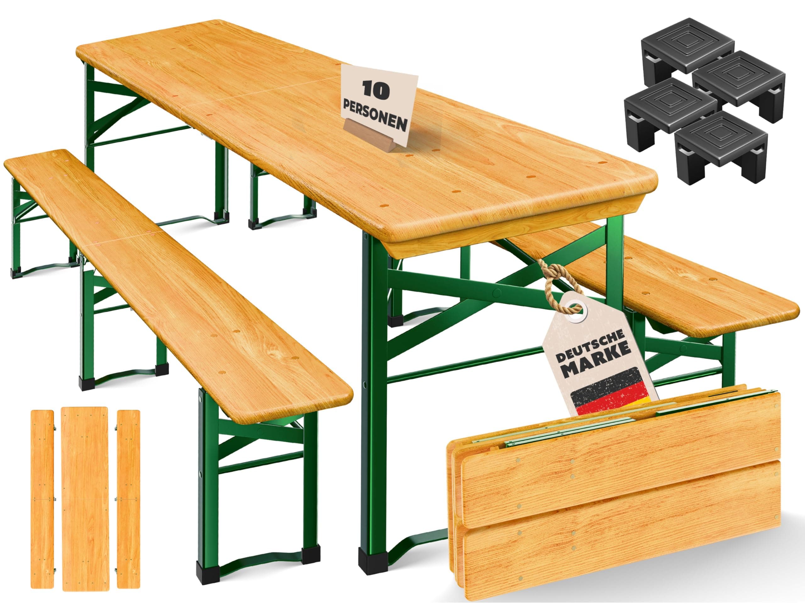KESSER® Premium Bierzeltgarnitur 3-TLG., Festzeltgarnitur klappbar, Biertisch mit 2 Bierbänken, Gartenmöbel Set Holz, Partygarnitur, Sitzgarnitur, wetterfest, stabil, 220x50x77cm,16-TLG. Bodenschoner
