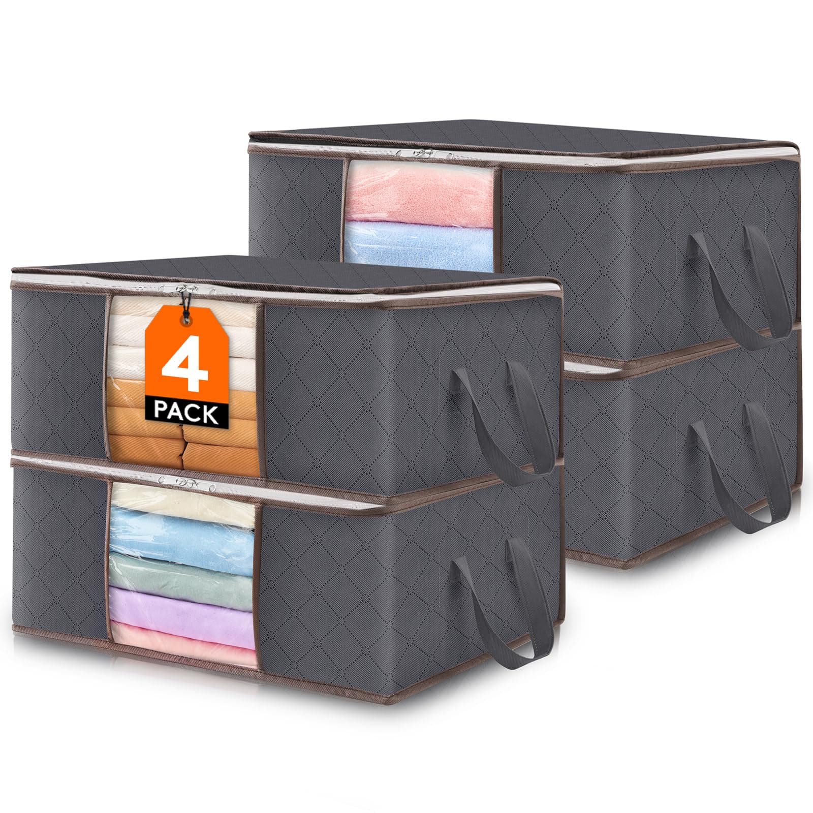 Lifewit 4 pezzi 35L Scatole per vestiti, scatola per armadio pieghevole, scatoloni per trasloco, contenitori sottoletto per Coperte, Biancheria da Letto, Grigio