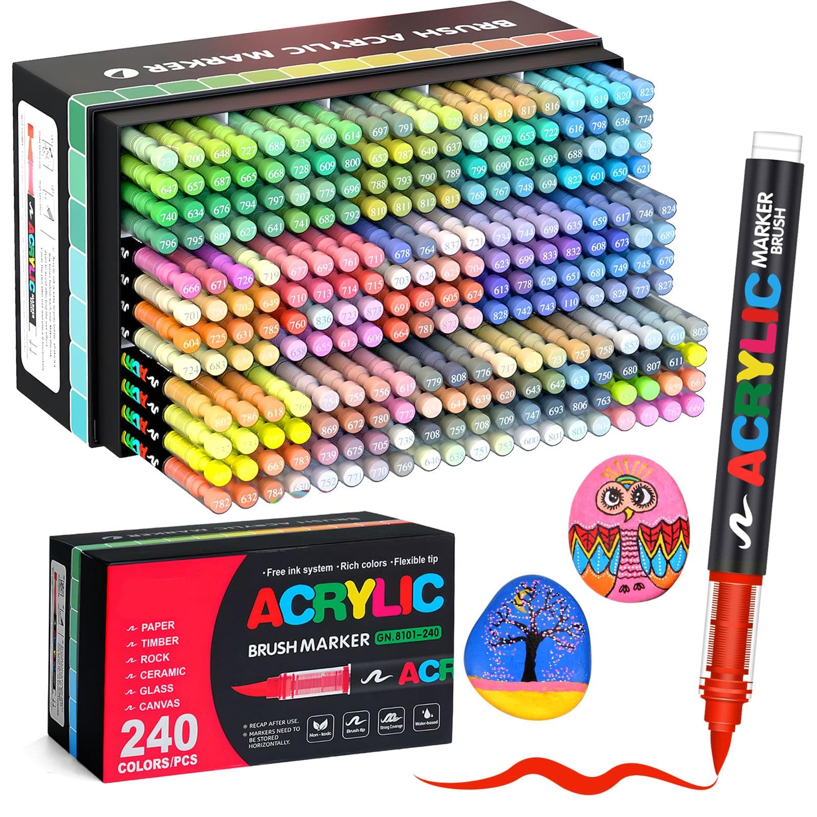 Bonala 240 Couleurs Feutre Acrylique, Marqueur Peinture Acrylique Set Professionnels à Pointe Pinceau pour Bois, Tissu, Toile, Verre, Pierre, Peinture sur Roches et Fournitures