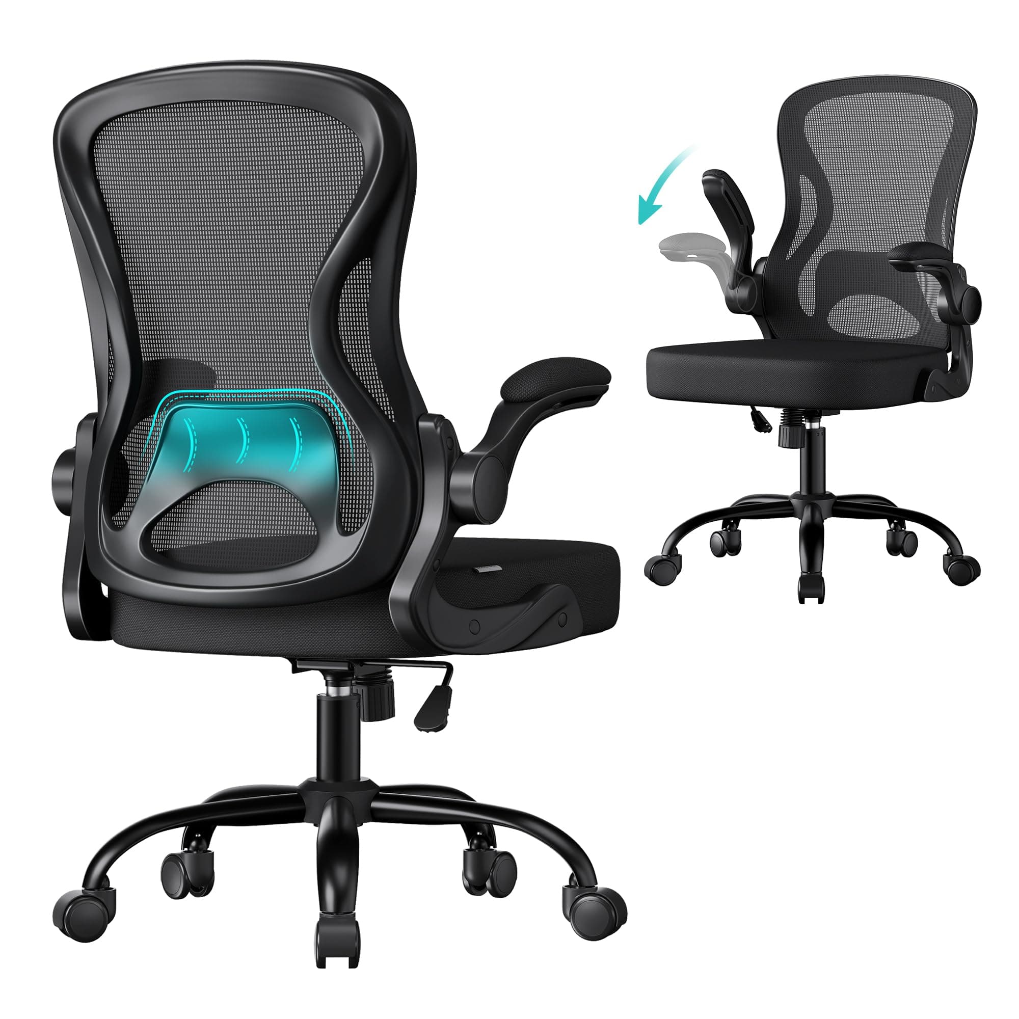 SONGMICS Silla de Oficina Ergonómica, Silla de Escritorio Giratoria de Malla con Soporte Lumbar, Reposabrazos Abatibles, para Estudio y Dormitorio, Negro Tinta OBN042BH02