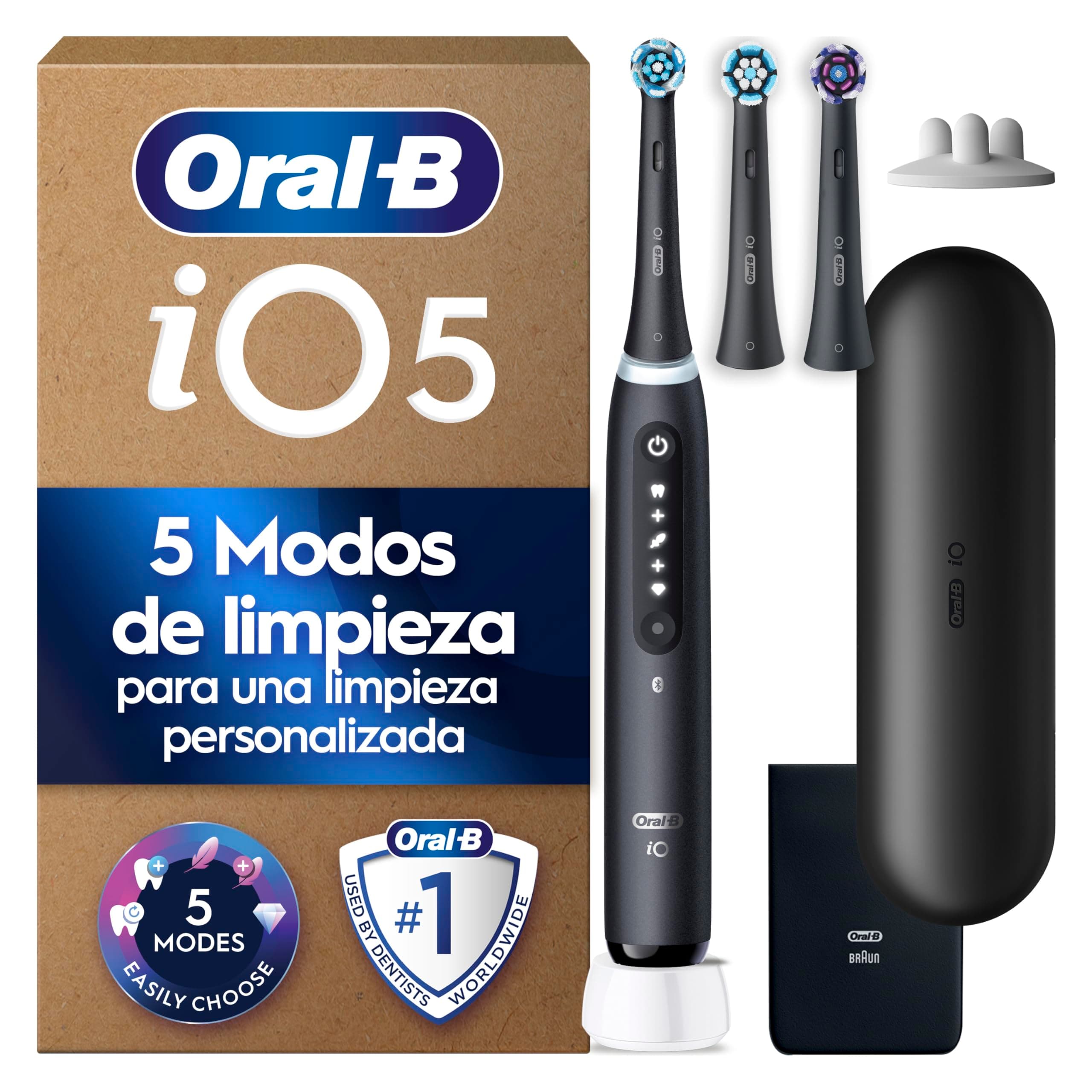 Oral-B iO 5N Cepillo de Dientes Eléctrico con Mango Recargable, 3 Cabezales y Estuche De Viaje, Diseñado por Braun - Negro , El embalaje puede variar