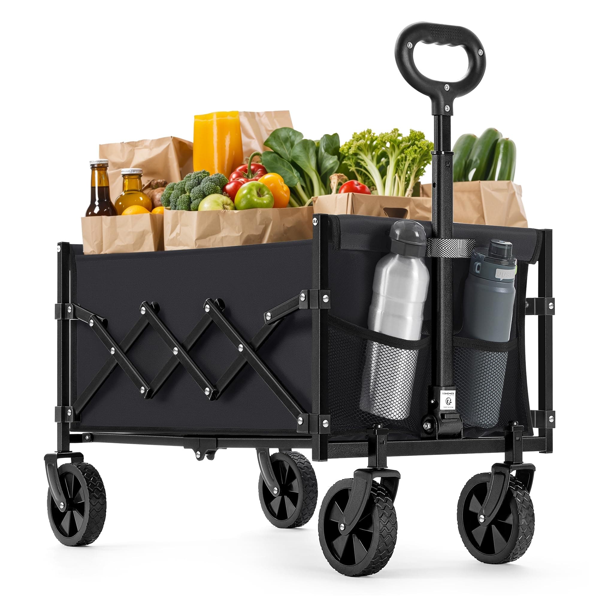 SONGMICS Kleiner Handwagen faltbar, Gartenwagen, kompakt, mit Griff, mit 4 verstärkten Rollen, Davon 2 Universalräder, bis 180 kg belastbar, Outdoor, Garten, 90 L, tintenschwarz GFW909B01