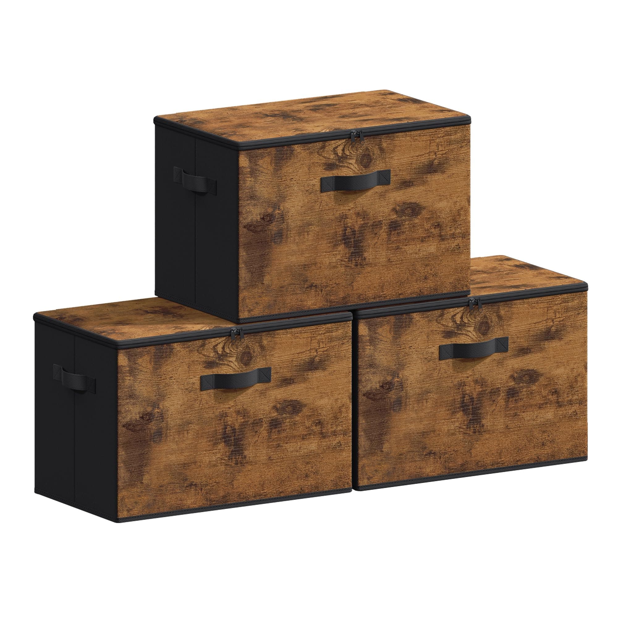 SONGMICS Scatole Portaoggetti con Coperchio, Contenitori Pieghevoli con Maniglie, Organizzatori per Vestiti, Set di 3, 50 x 30 x 30 cm, Tessuto non Tessuto, Marrone Vintage RYZ050BH02