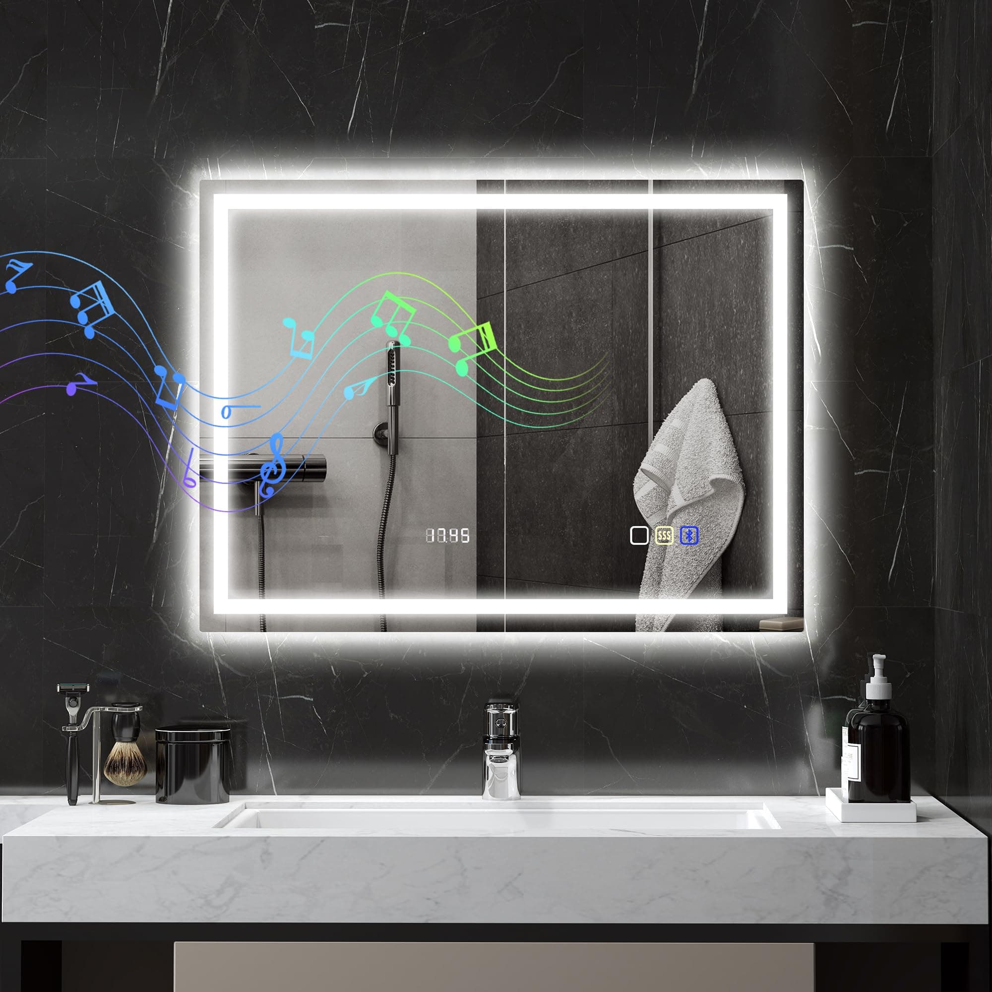 HOMCOM Miroir Salle de Bain Bluetooth avec éclairage LED 60 x 80 cm, Miroir Lumineux Salle de Bain Mural avec Interrupteur Tactile, lumière réglable 3 Couleurs, Anti-buée, mémoire - Argent