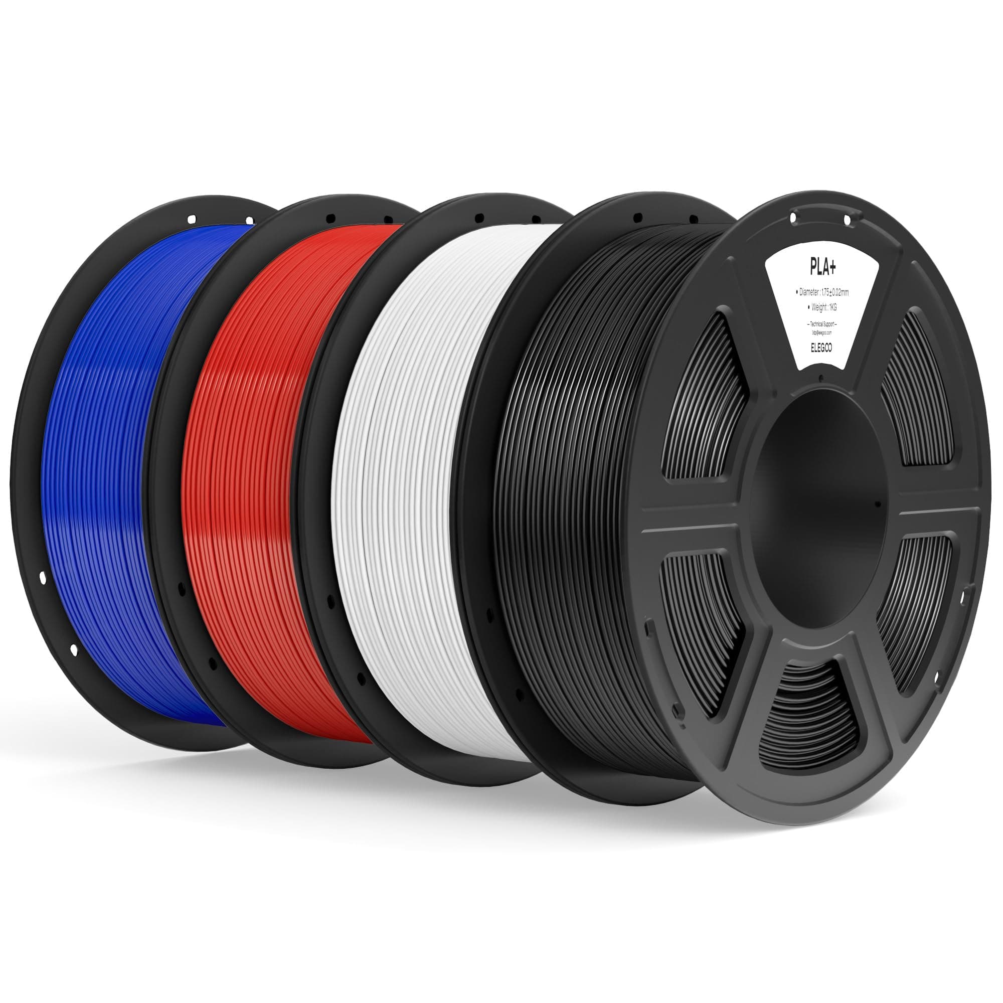 ELEGOO Filament PLA+ 1,75 mm Noir/Blanc/Rouge Franc/Bleu Foncé 4KG, Filament PLA Plus Haute Résistance 3D Précision Dimensionnelle ±0,02 mm, Bobine 1 kg (2,2 lbs)