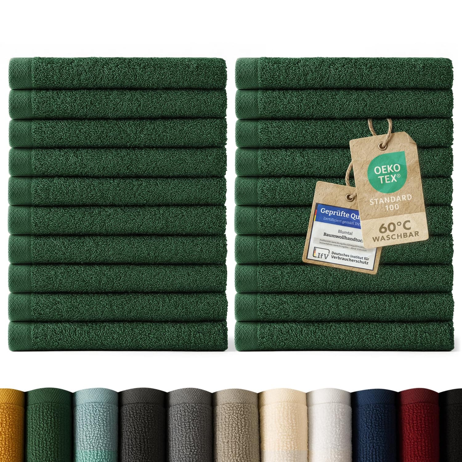 Blumtal Premium Frottier Gästehandtücher Set 24 teilig 100% Baumwolle - Oeko-TEX zertifiziertes Gästehandtuch 24x (30x30 cm) - Ultra saugstarkes Gästetücher Set waschbar °60 - Handtücher Dunkelgrün