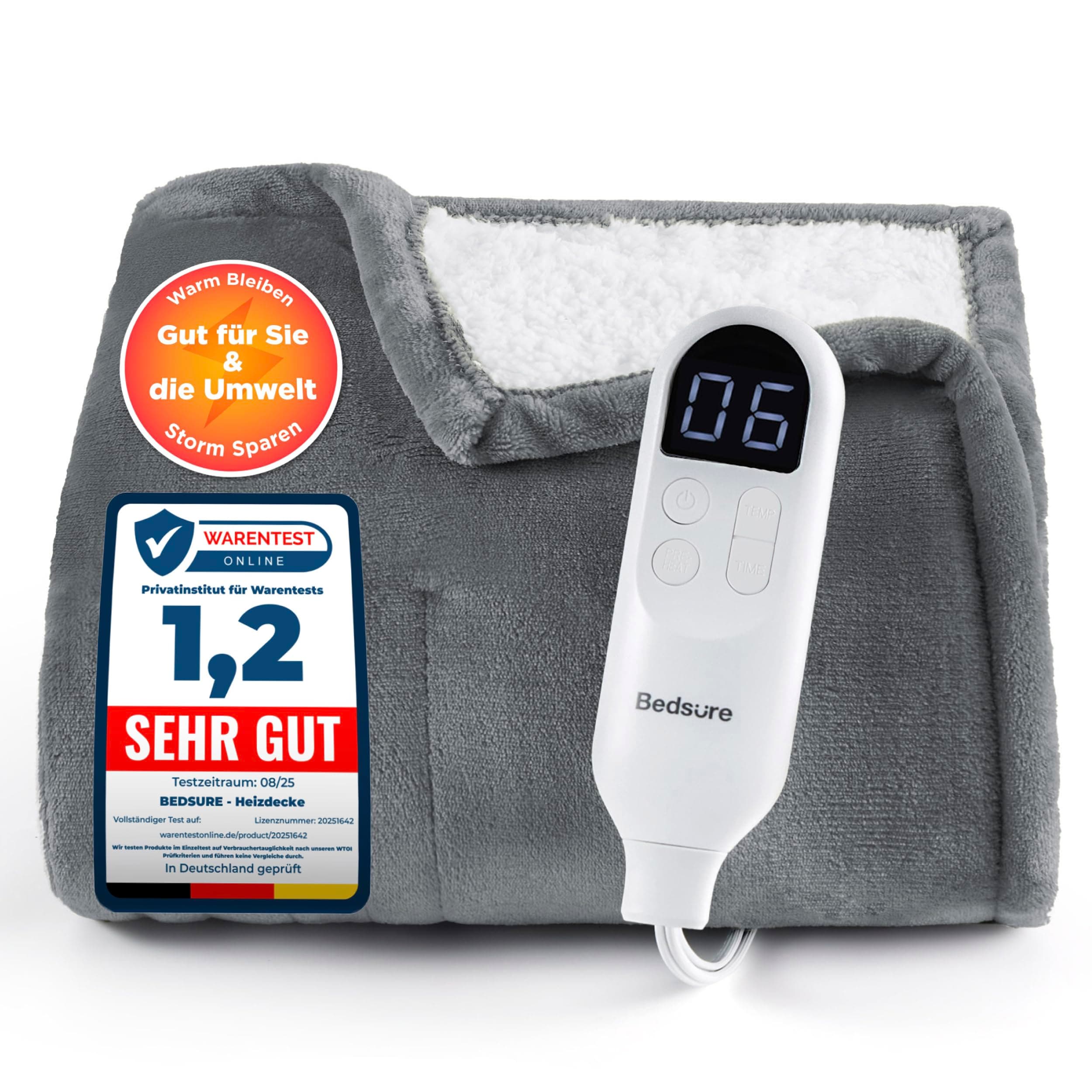 BEDSURE Heizdecke Wärmedecke Elektrische Kuscheldecke - Geschenke für Frauen - mit Abschaltautomatik, 6 Heizstufen & 10 Stunden Timer - bis zu 8 Stunden Überhitzungsschutz für Home & Office, Grau