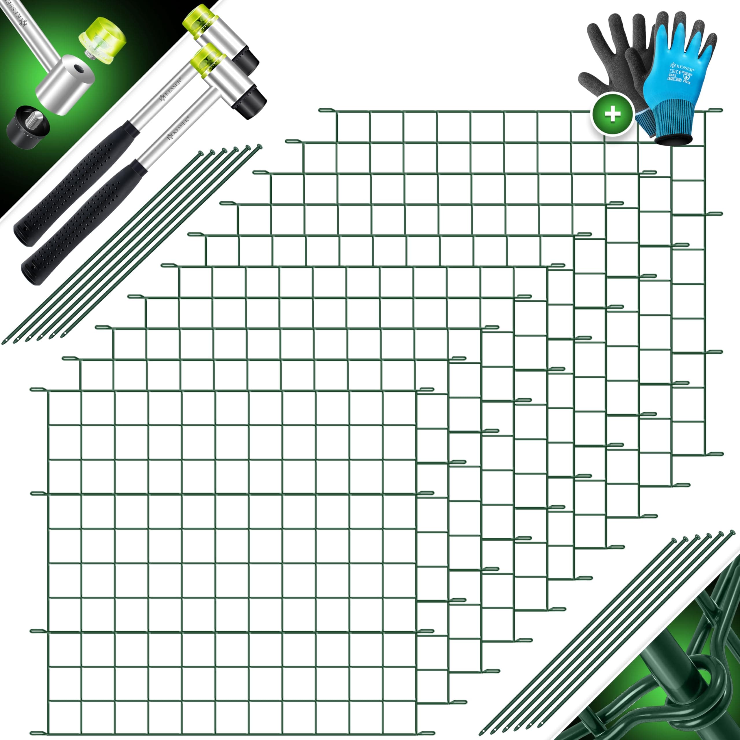 KESSER® Teichzaun Gartenzaun Steckzaun Komplettset Metall 10x Gerade Inkl. Handschuhe, 2x Hammer + 12 Befestigungsstäben, Zaun zum stecken für Garten, Gitterzaun Set Freigehege für Tiere