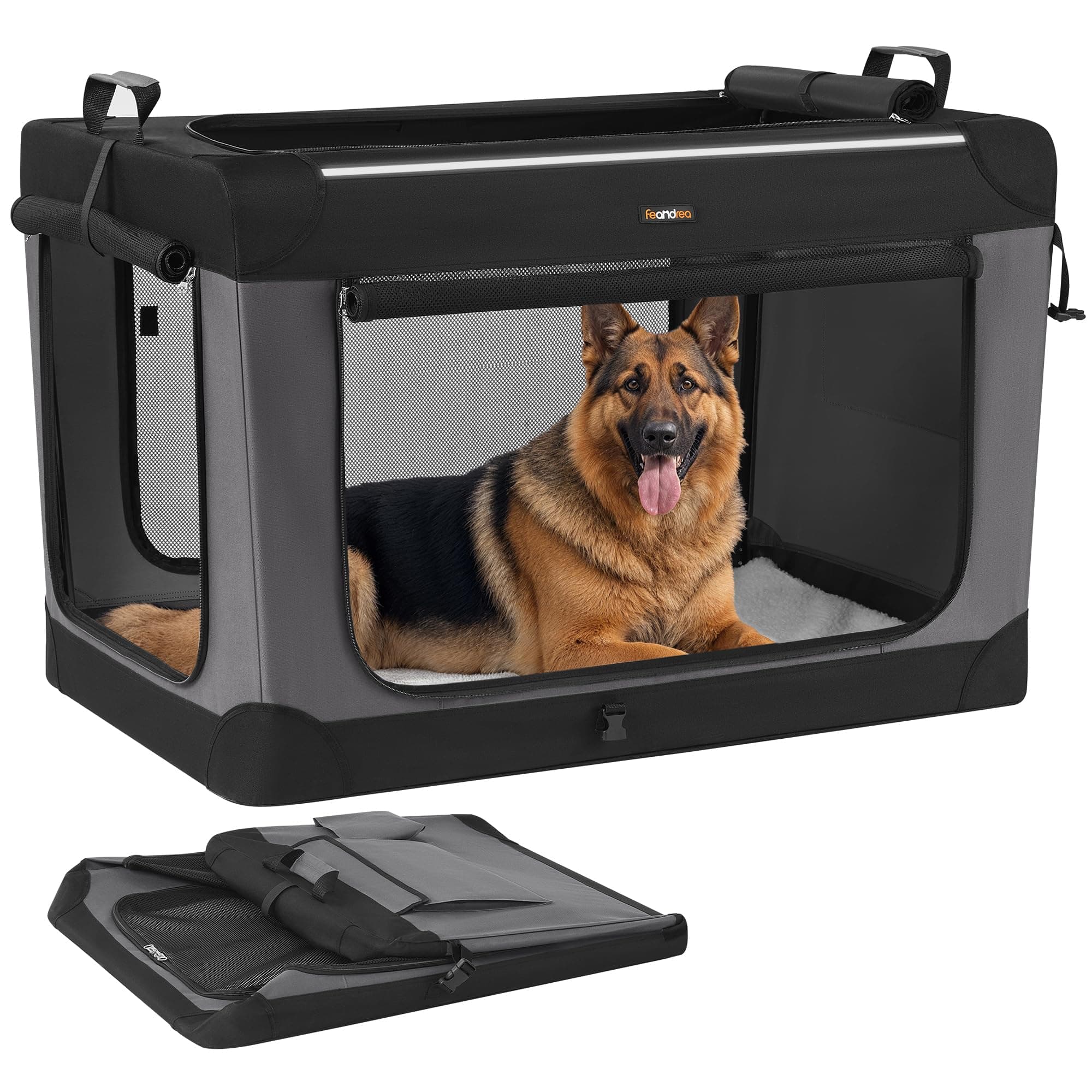 Feandrea Hundebox faltbar, 106,7 cm Transportbox für große Hunde, Hundetasche, Oxford-Gewebe, mit 4 Türen aus Netzstoff, Griffen, Taschen für Futter und Wasserflasche, tintenschwarz PDC021B01