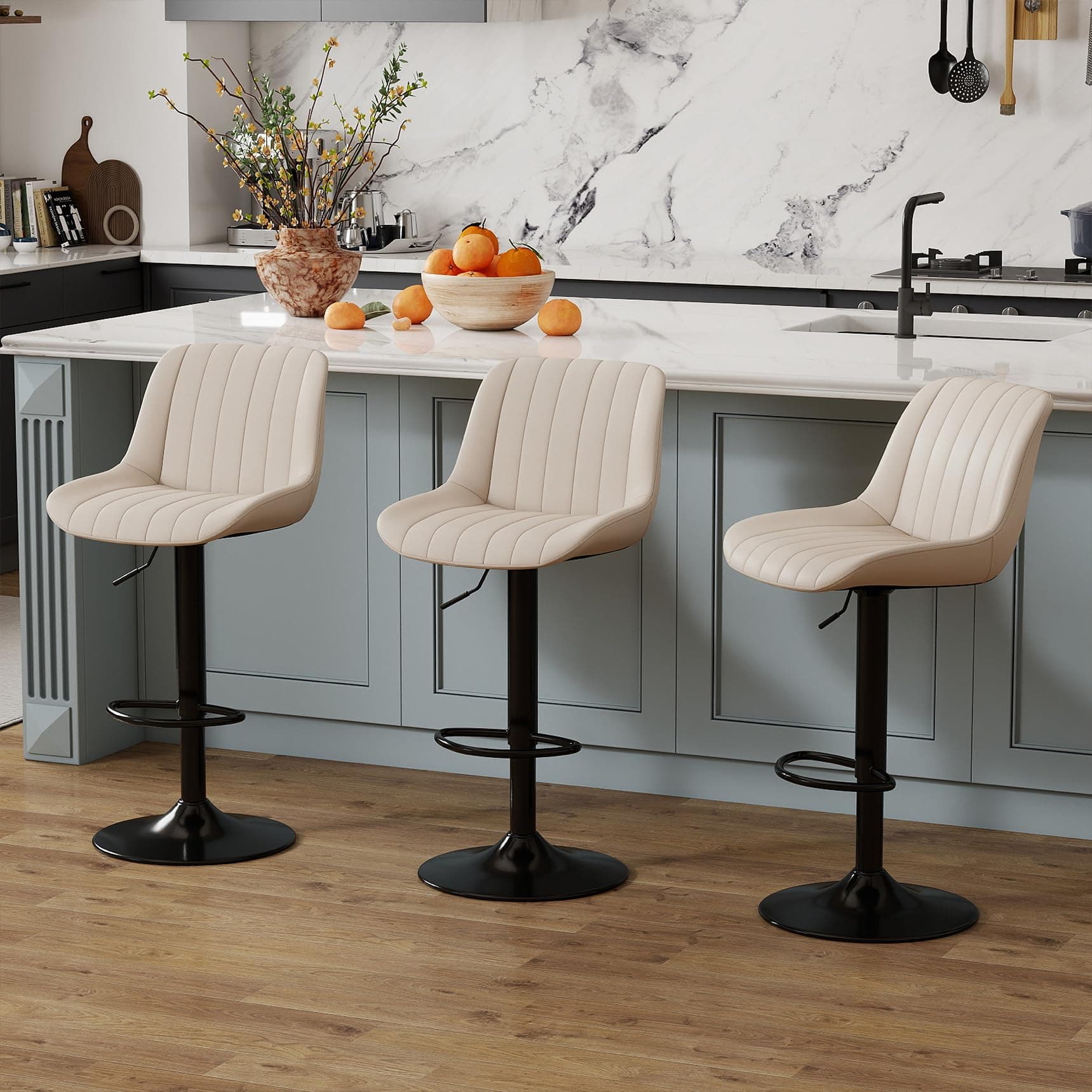 Youhauchair Tabouret Bar, Tabouret de Bar Lot de 3, Chaise de Bar Pivotants avec Dossier, Tabourets de Bar Réglable en Cuir PU, Chaise Haute Bar Moderne, Beige