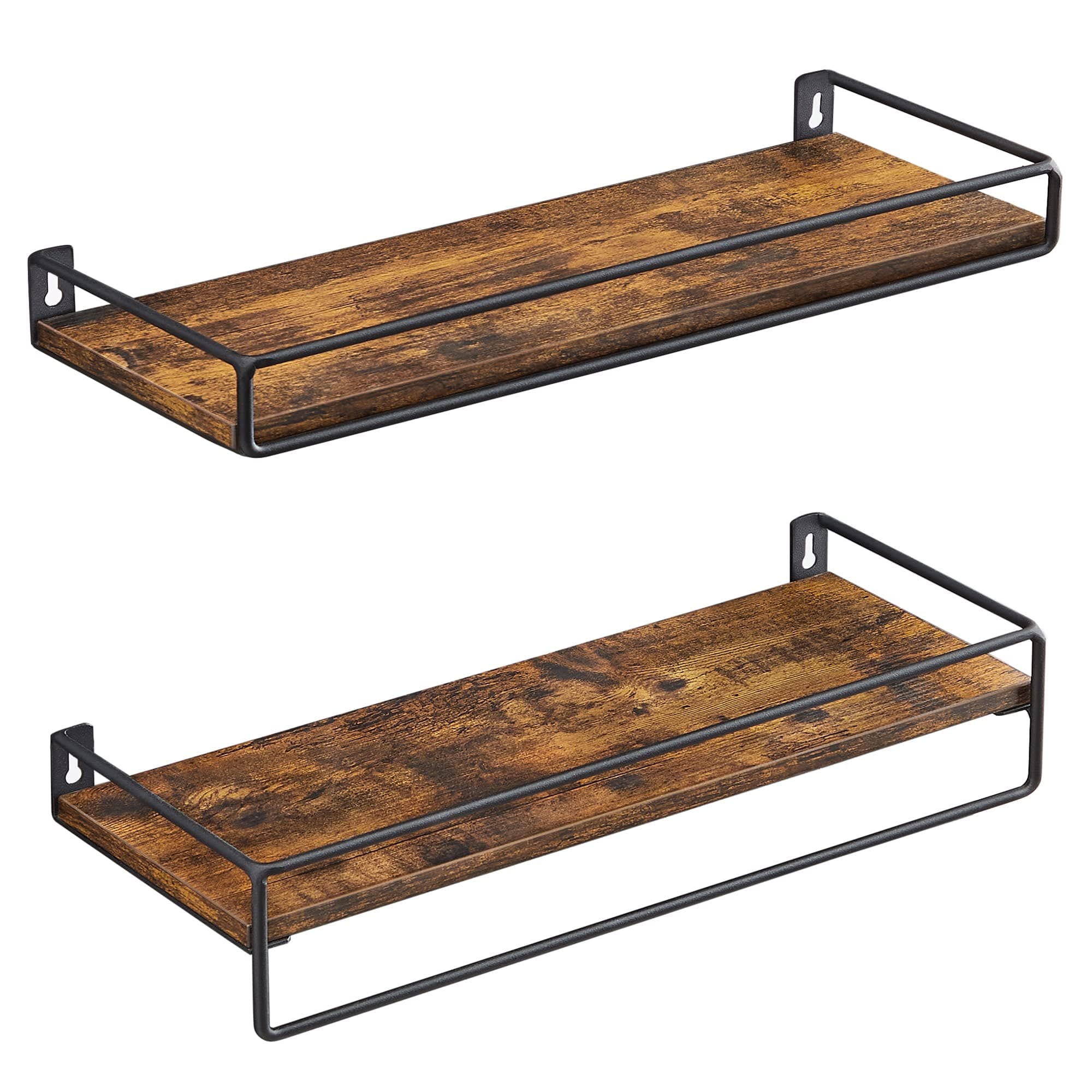 VASAGLE Wandregal, 2er Set, Schweberegal mit Stange, Wandboard, Aufbewahrung, an der Wand, für Küche, Schlafzimmer, Wohnzimmer, vintagebraun-tintenschwarz, 40 cm breit LWS441B01