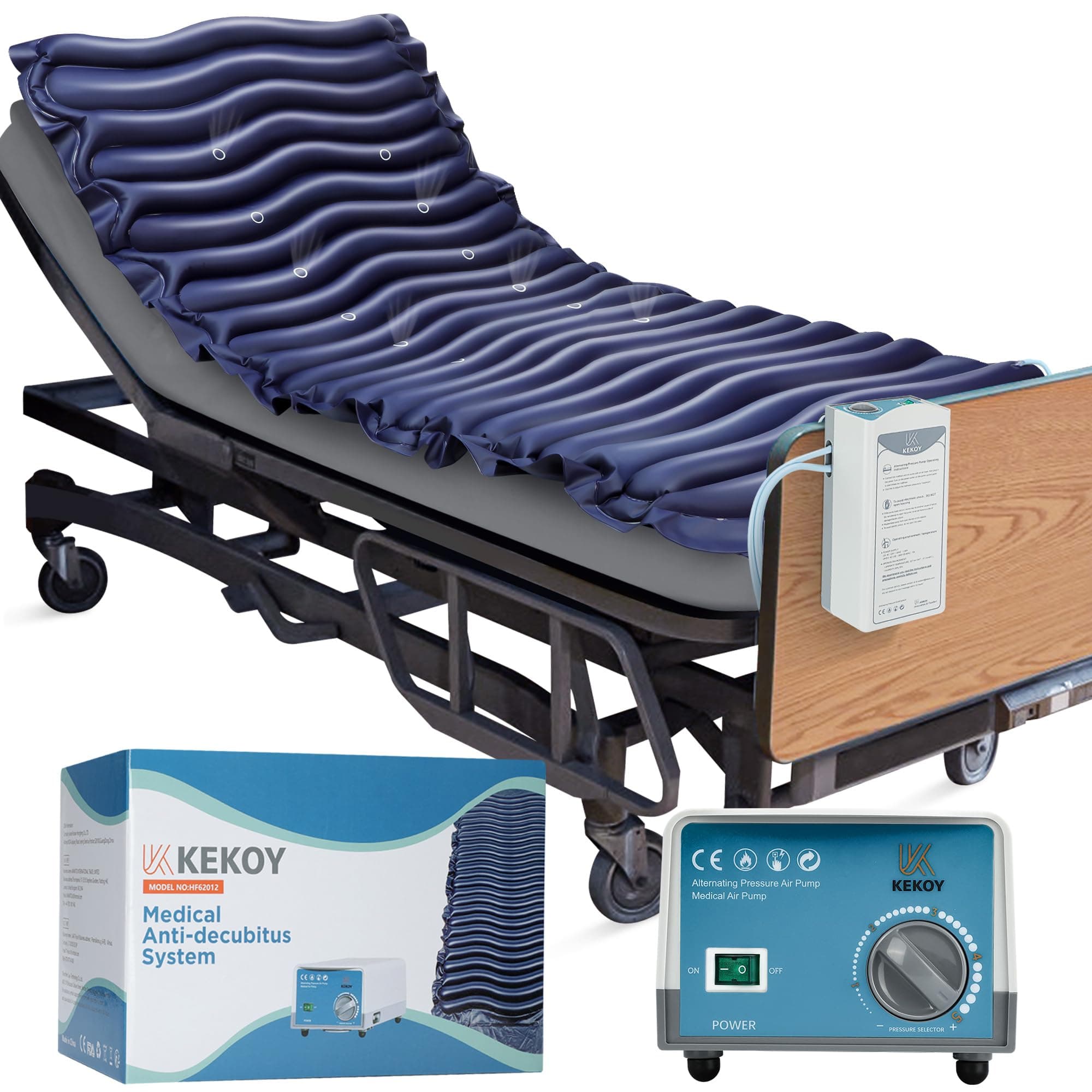 Kekoy Colchón Antiescaras a Presión Alternada: Impermeable, Bomba Silenciosa, con Microventilaciones | Prevención de Escaras para Hospitales, Hogares, Camas Médicas - 190 x 90 cm (Azul)