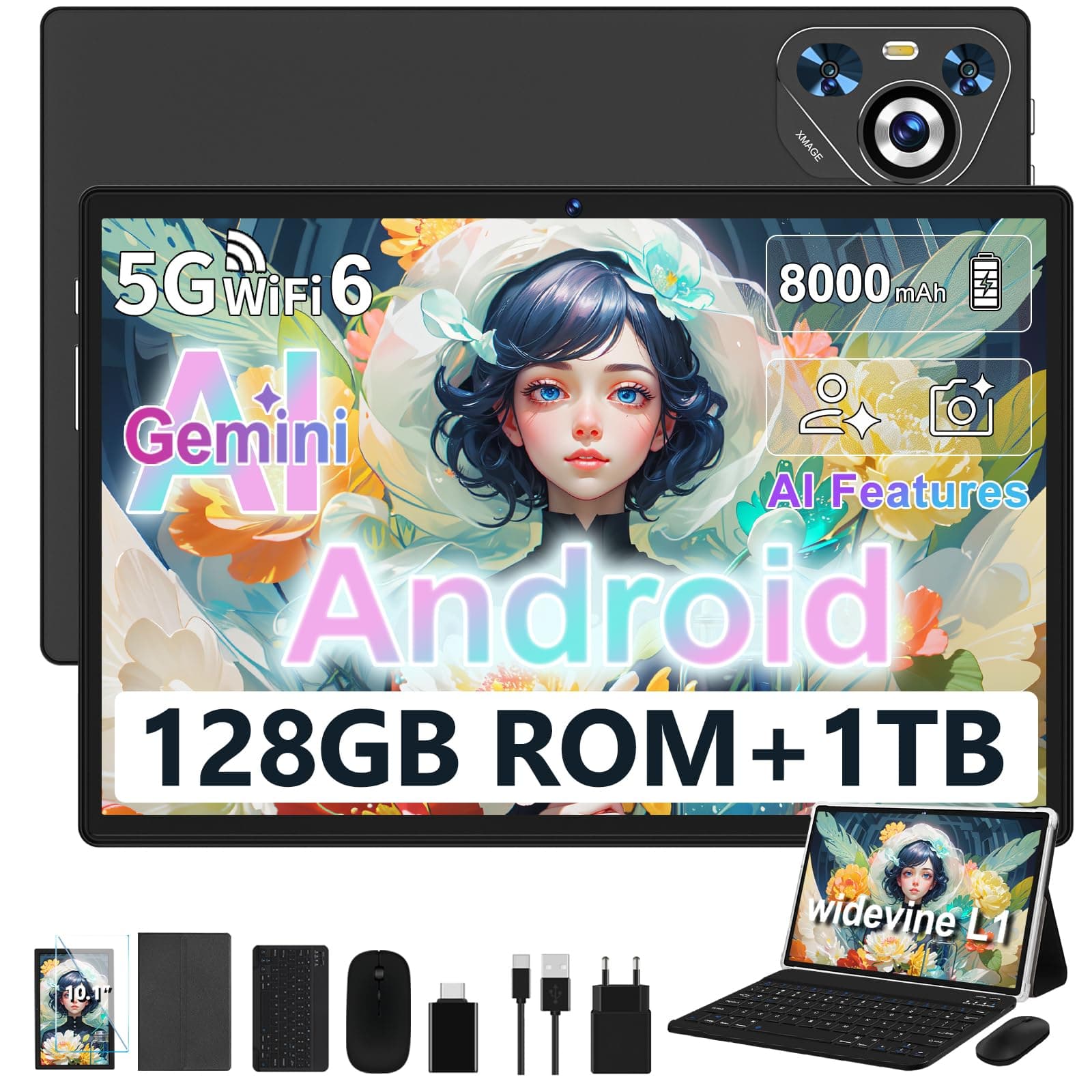 Dghrti Tablet 10 Pulgadas Android, 128GB ROM/TF 1TB, Octa-Core Procesador, 8000mAh, BT5.0, 8MP+5MP, WiFi 5G+2.4G, Face ID, Widevine L1, Tablets PC con Teclado y Mouse - Negro