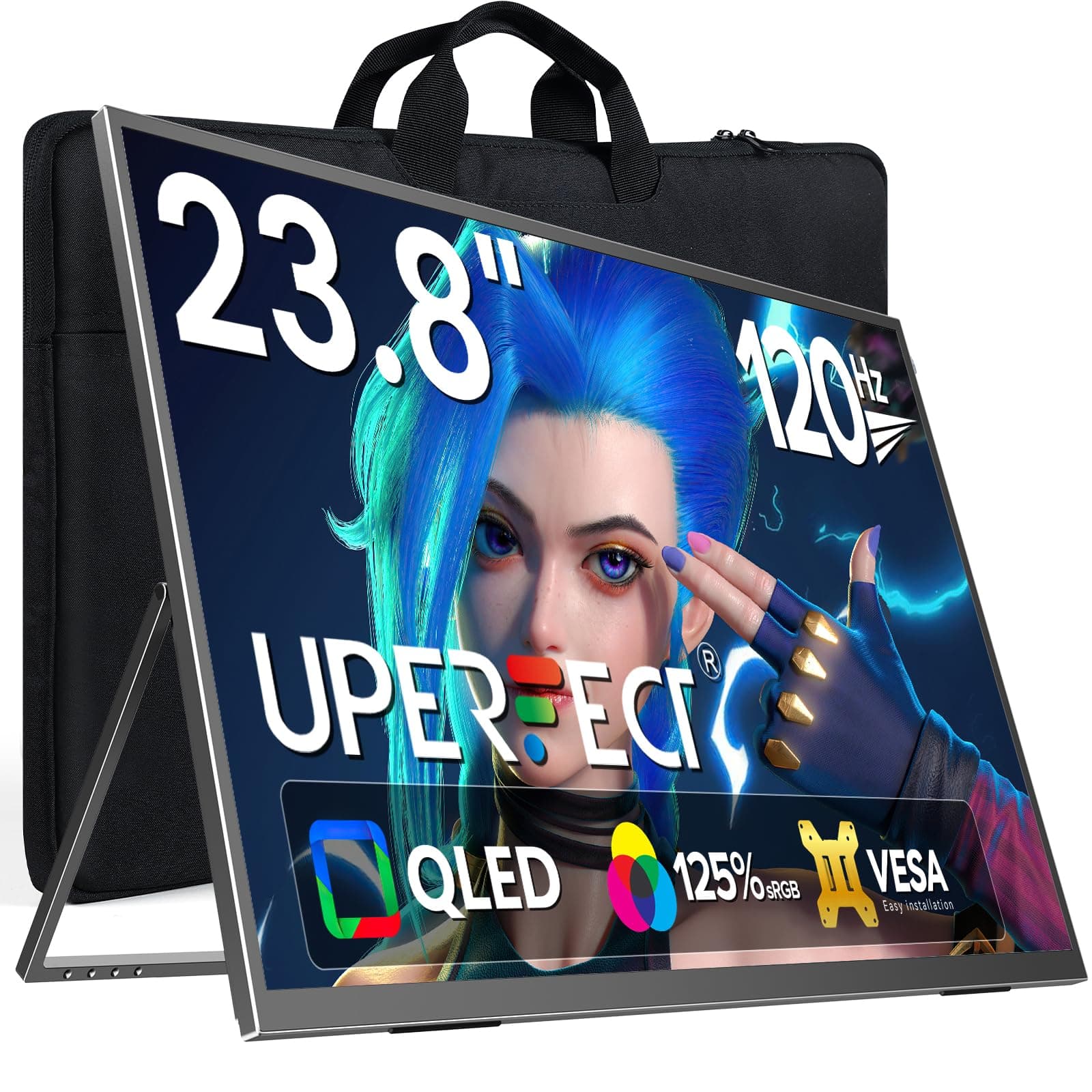 UPERFECT 23.8 Pouces 120Hz QLED Écran Portable, FHD 1080p 125% SRGB Grand Display Mat avec Support Réglable à 180° USB C HDMI pour Laptop/MacBook/SteamDeck/Smartphone/Mini PC, Compatible VESA