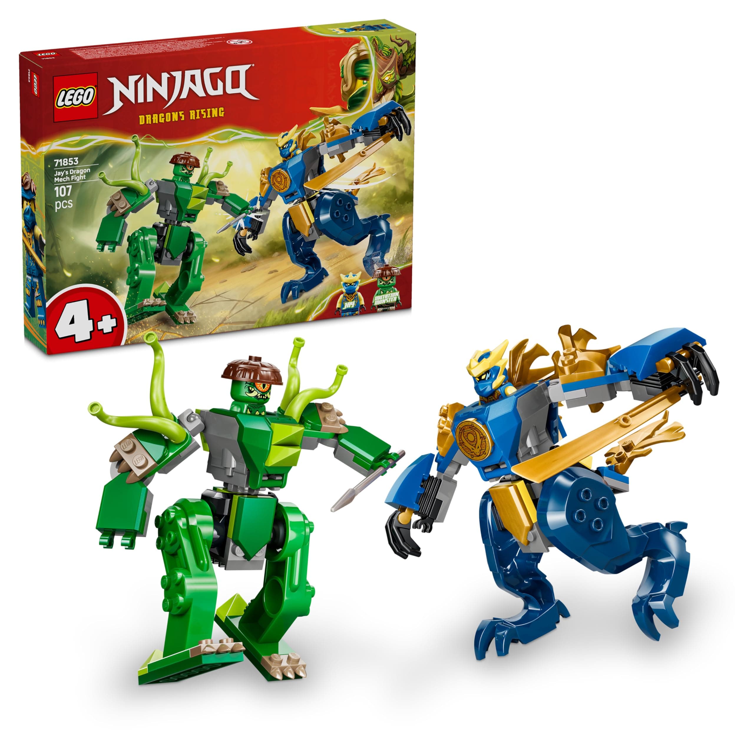 LEGO NINJAGO Duell mit Jays Drachen-Mech - Ninja Spielzeug für Jungen und Mädchen - Modellbau mit 2 Actionfiguren, 2 Minifiguren, Katana und Schwert - Geschenk für Kinder ab 4 Jahren - 71853