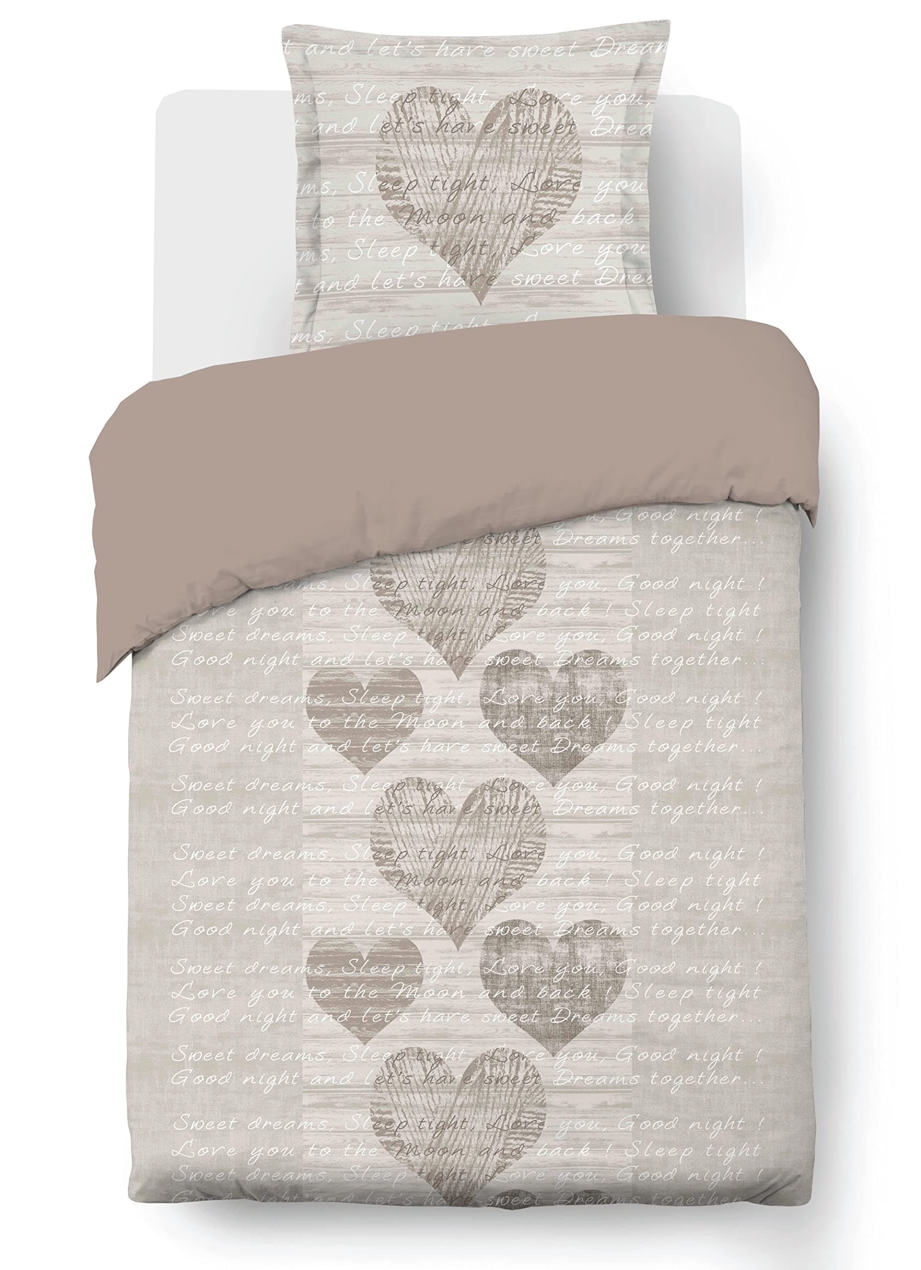 Vision - Parure de lit Alice - 100% Coton - Cœurs - Coloris: Beige - Set de Housse de Couette 140 x 200 cm avec 1 taie d'oreiller pour lit 1 Personne - Certifié Oeko-tex