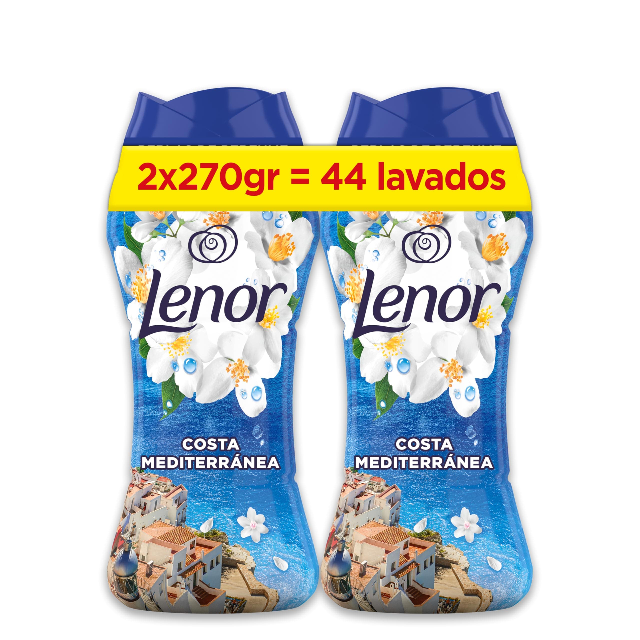 Lenor Perlas De Perfume para la Ropa, 44 Lavados (2 x 270g), Brisa Marina Y Jazmín, Edición Limitada Costa Mediterránea, Frescor Ininterrumpido Hasta 12 Semanas