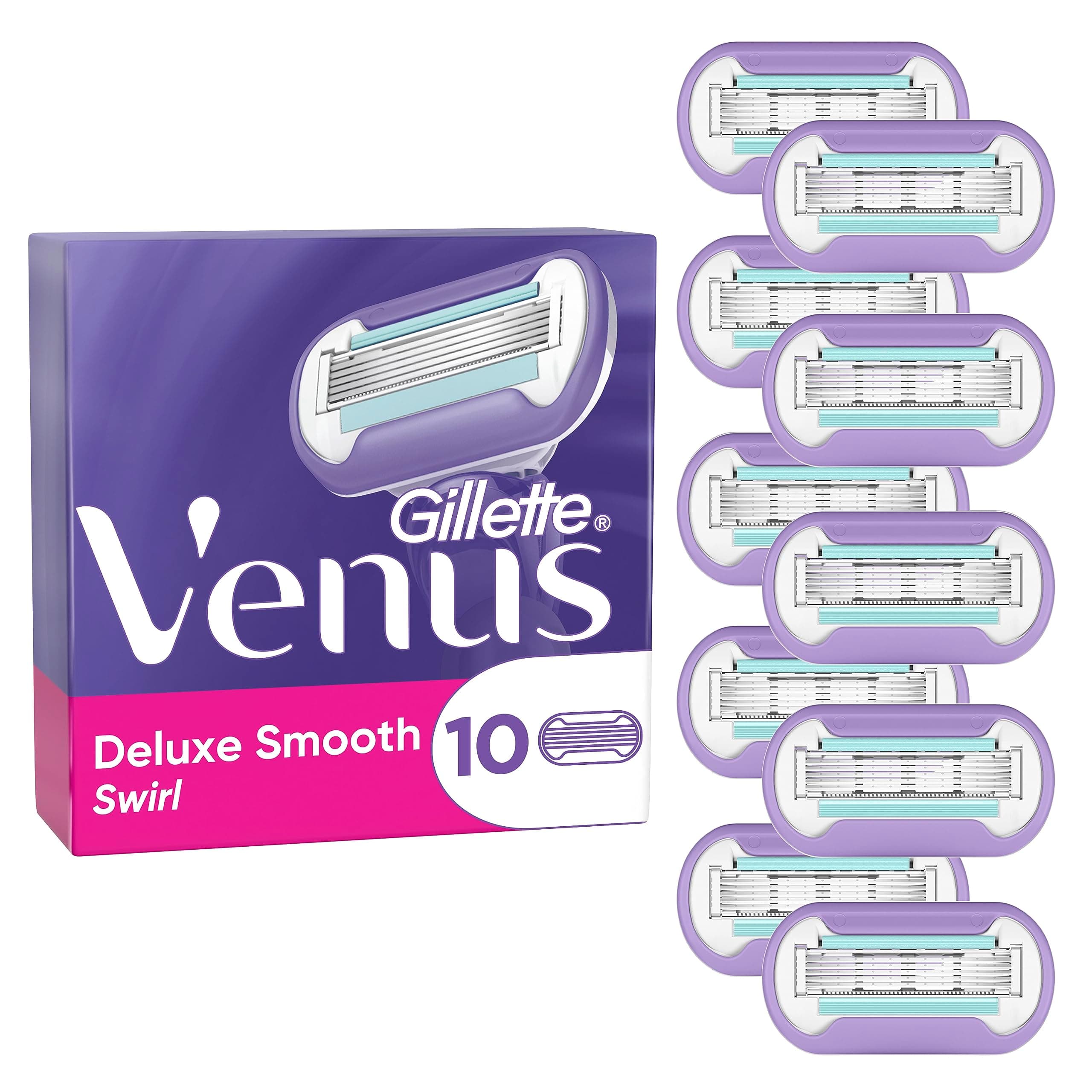 Gillette Venus Lot De 10 Recharges De Rasoir Pour Femmes Deluxe Smooth Swirl, Cartouches ORIGINELLES A 5 Lames Pour Un Rasage Doux et Efficace, Avec Un Ruban Hydratant Pour Protéger La Peau Sensible