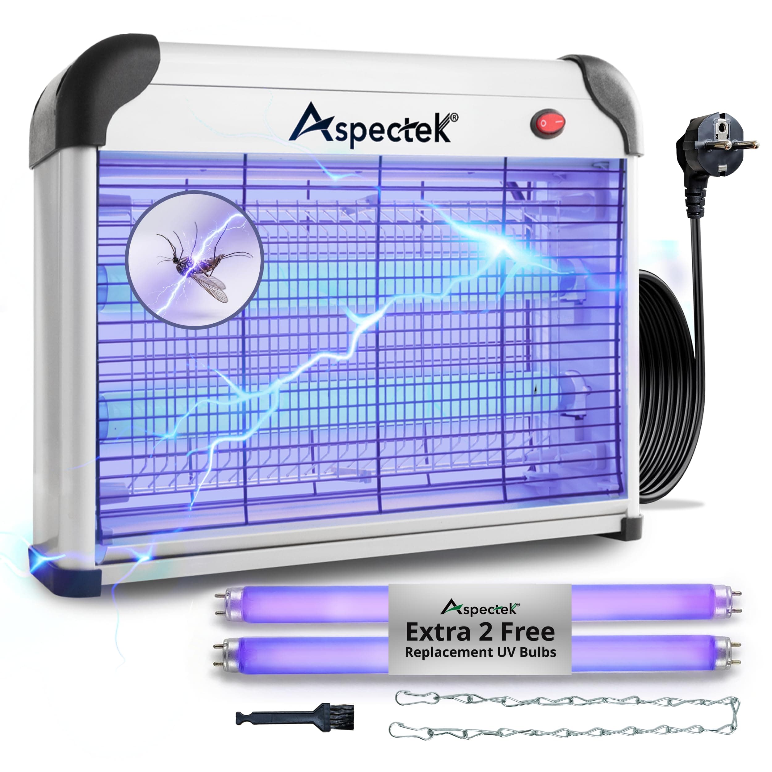 ASPECTEK Lampe Anti-Moustique UV 20W 2800V – Lampe Anti-Insectes/Tue-Mouche Électrique Intérieur, Piège à Insectes Volants (Mouches, Moustiques, Moucherons), 2 Ampoules UV de Rechange
